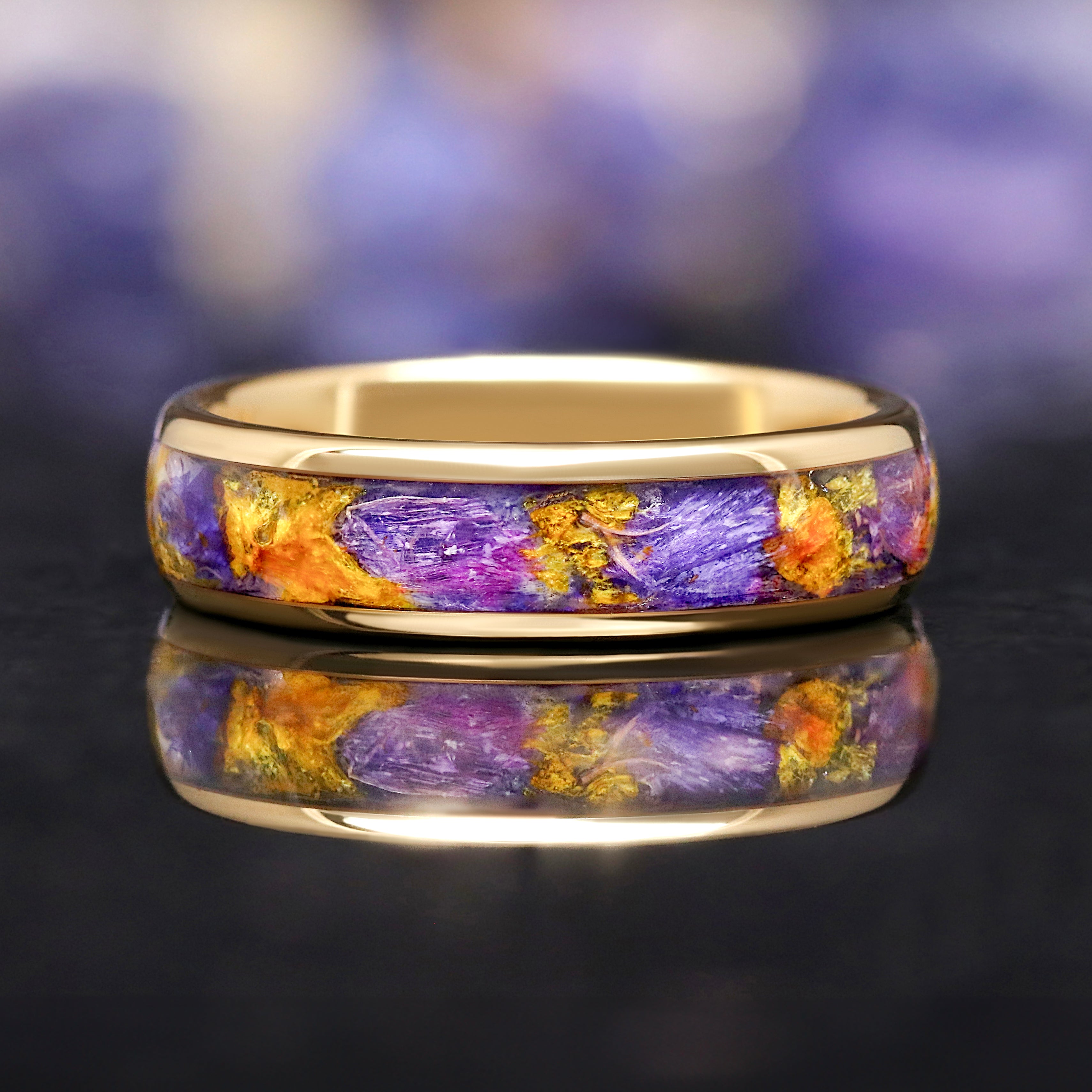 Forget-Me-Not Flower Ring, Gold Tungsten Wedding Band, 4mm 6mm Yellow Gold Comfort Fit, Polished Dome, Unique Men’s Women’s Ring