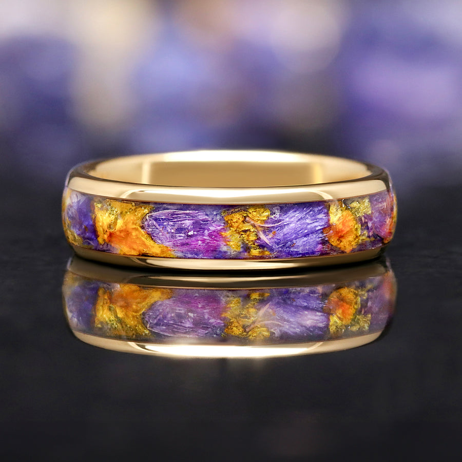 Yellow gold comfort fit tungsten ring with floral inlay