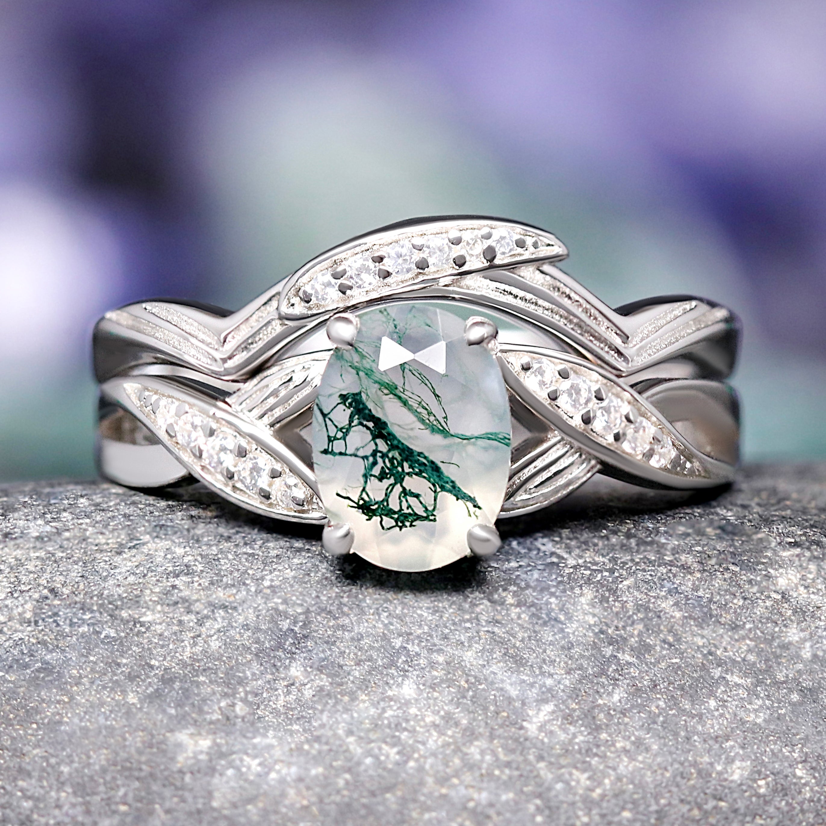 Lotus Green Moss Agate Engagement Ring Set for Women