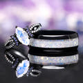 Matching black couples ring set: marquise moonstone ring and 8mm tungsten band with moonstone inlay