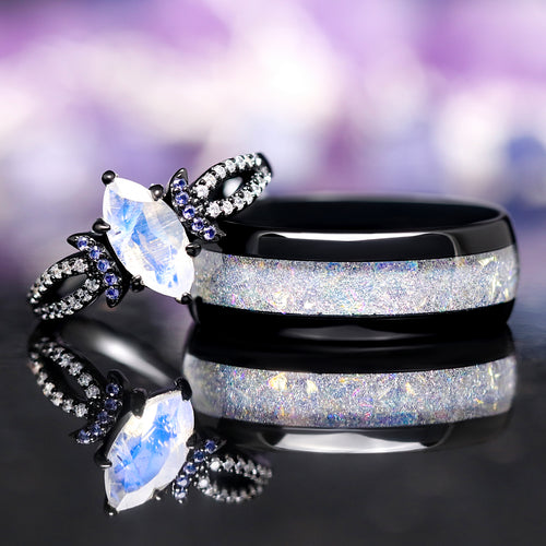 Lunara Couples Moonstone Ring Set, His and Her Wedding Ring Set, Unique Promise Ring, Crescent Moon, Black Fantasy Ring for Couples