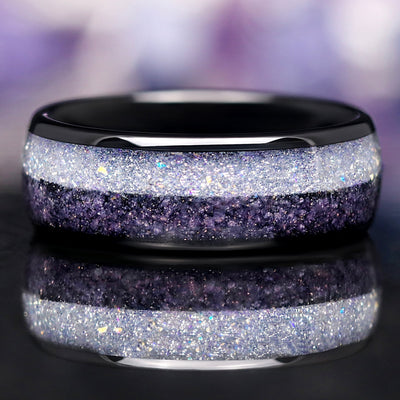 Men's 8mm black tungsten band with moonstone and glow-in-the-dark inlay