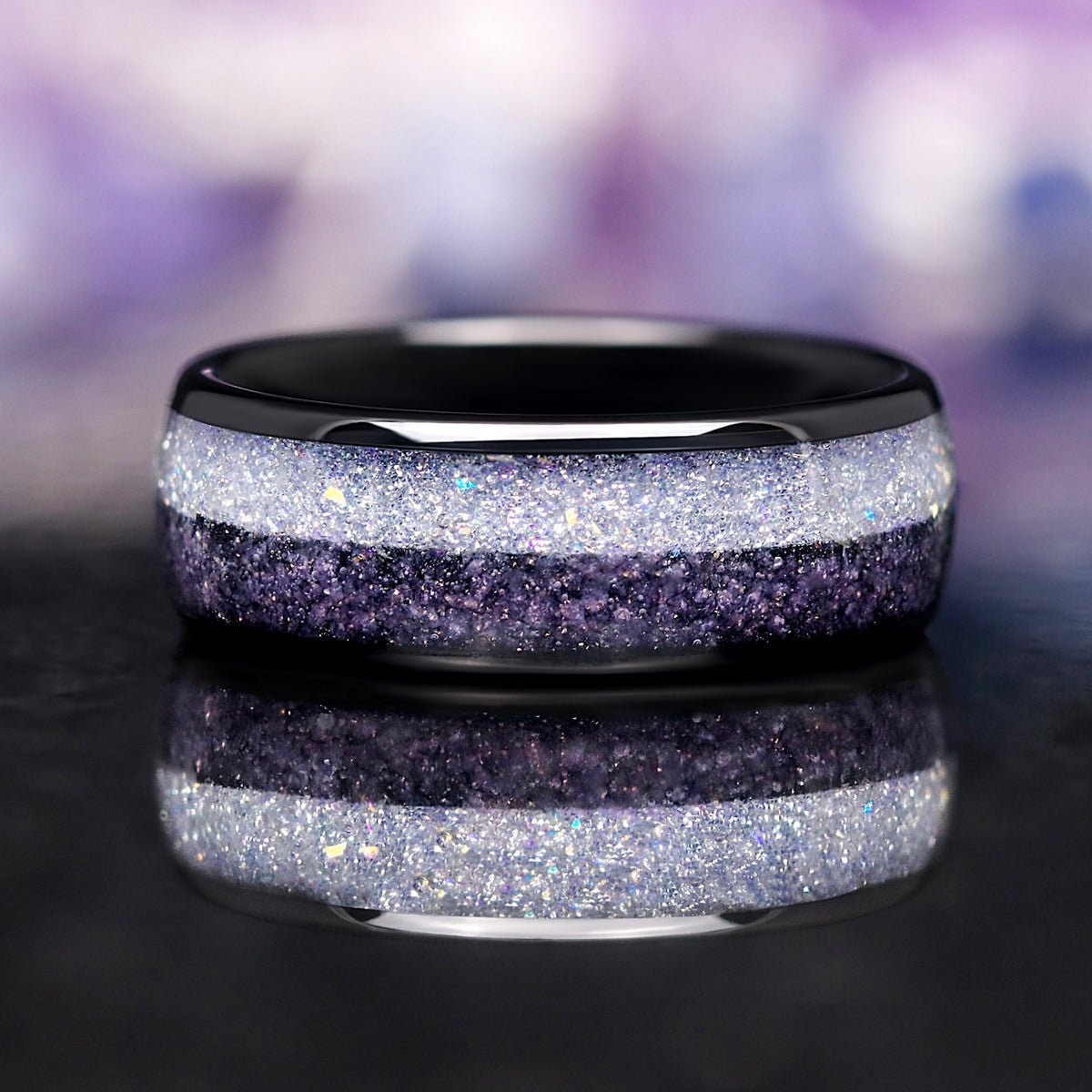 Blue Glow in the Dark Ring for Men, Moonstone Black Tungsten Ring, 8mm Mens Wedding Band, Polish Smooth, Unique Ring for Him, Ring Engraving