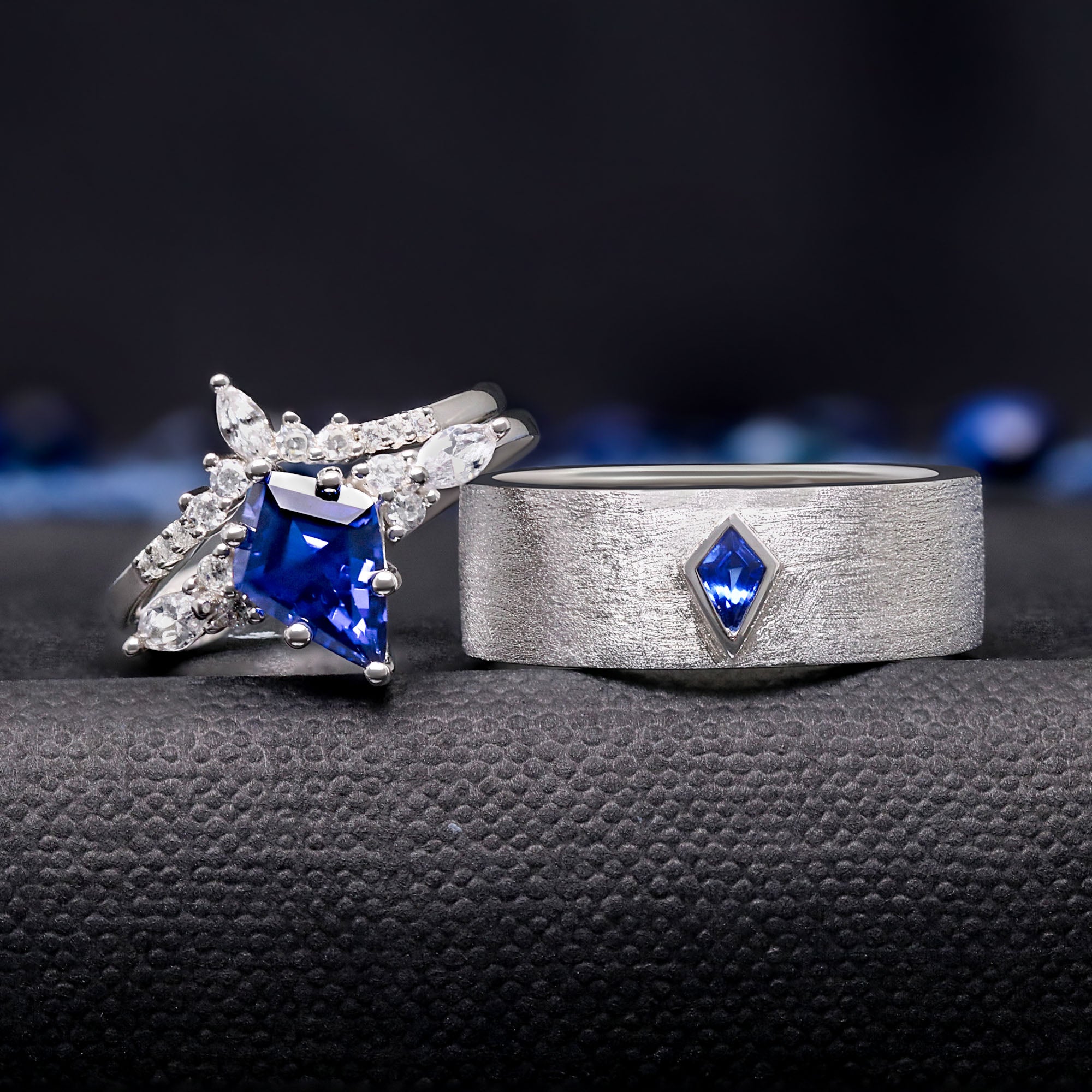 Sterling Silver Couples Ring Set | Kite Blue Sapphire His & Hers Wedding Bands