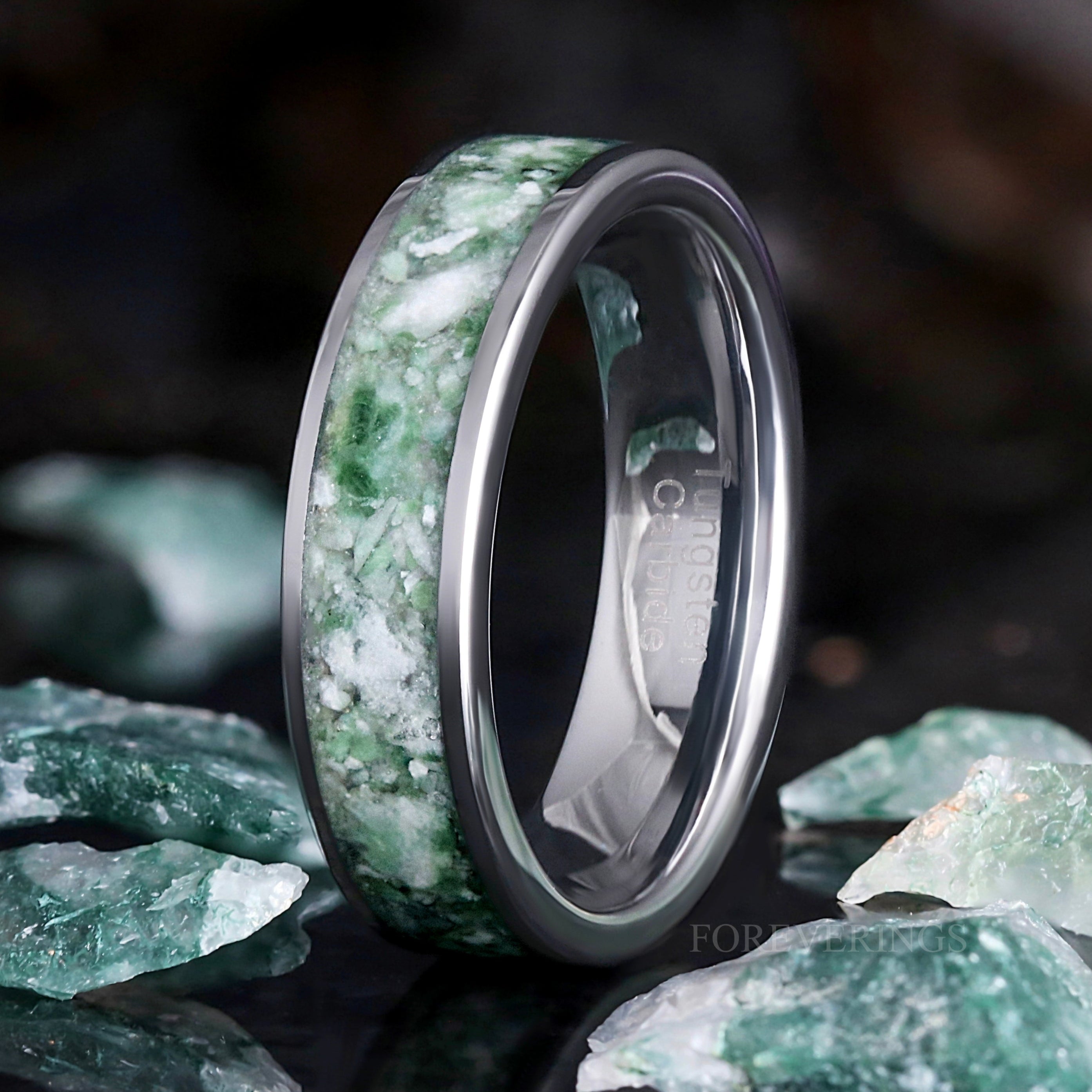 Green Moss Agate Tungsten Wedding Band for Men, 6mm Silver Ring, Flat Polish, Comfort Fit – Unique Wedding Ring for Him, Anniversary Gift