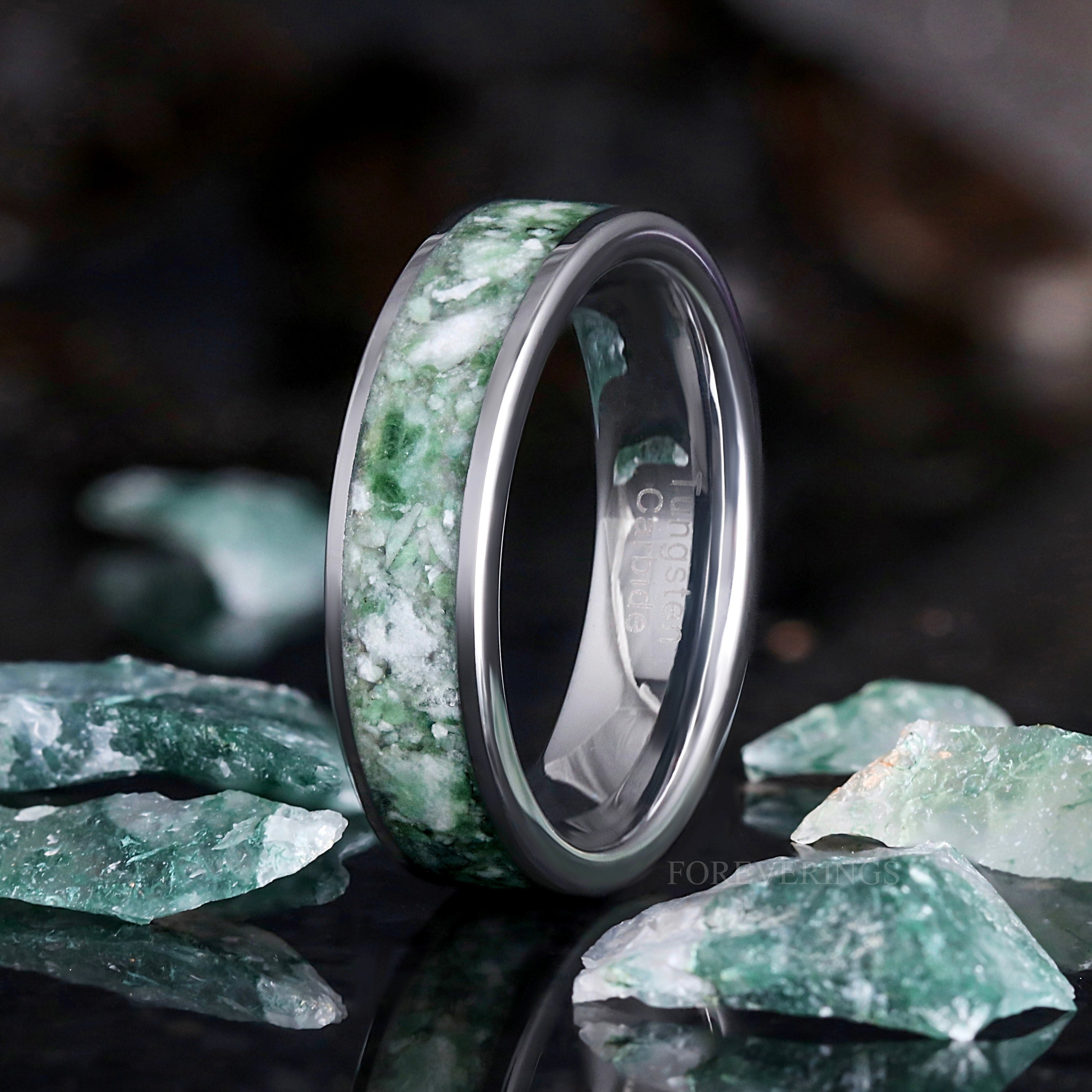 Green Moss Agate Coffin Kite Ring Set, His and Her Wedding Band, Crushed Moss Agate, Matching Nature Couples Ring, Alternative Engagement Ring