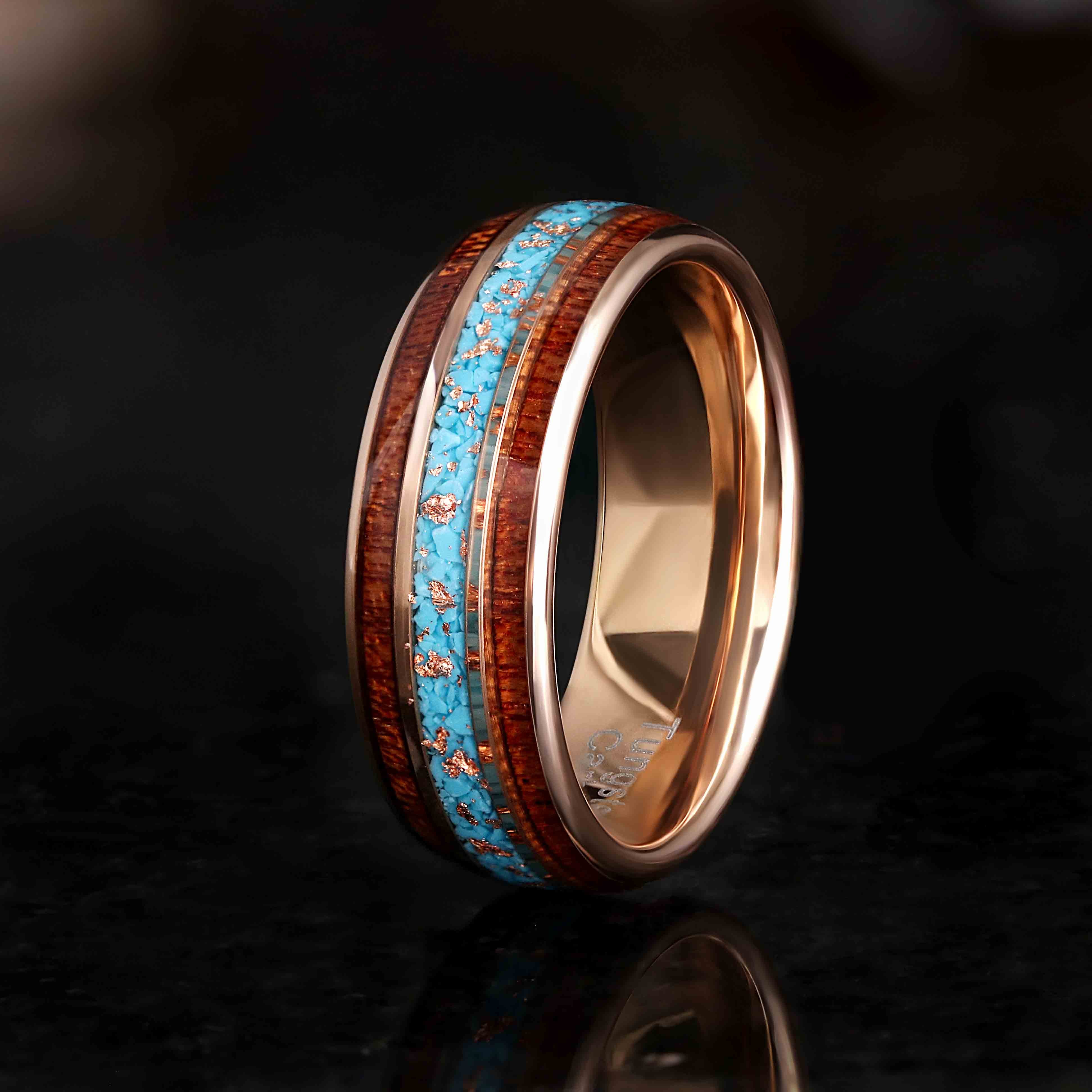 Western Turquoise & Koa Wood Wedding Band - Rose Gold Foil Inlay Tungsten Ring (8mm)