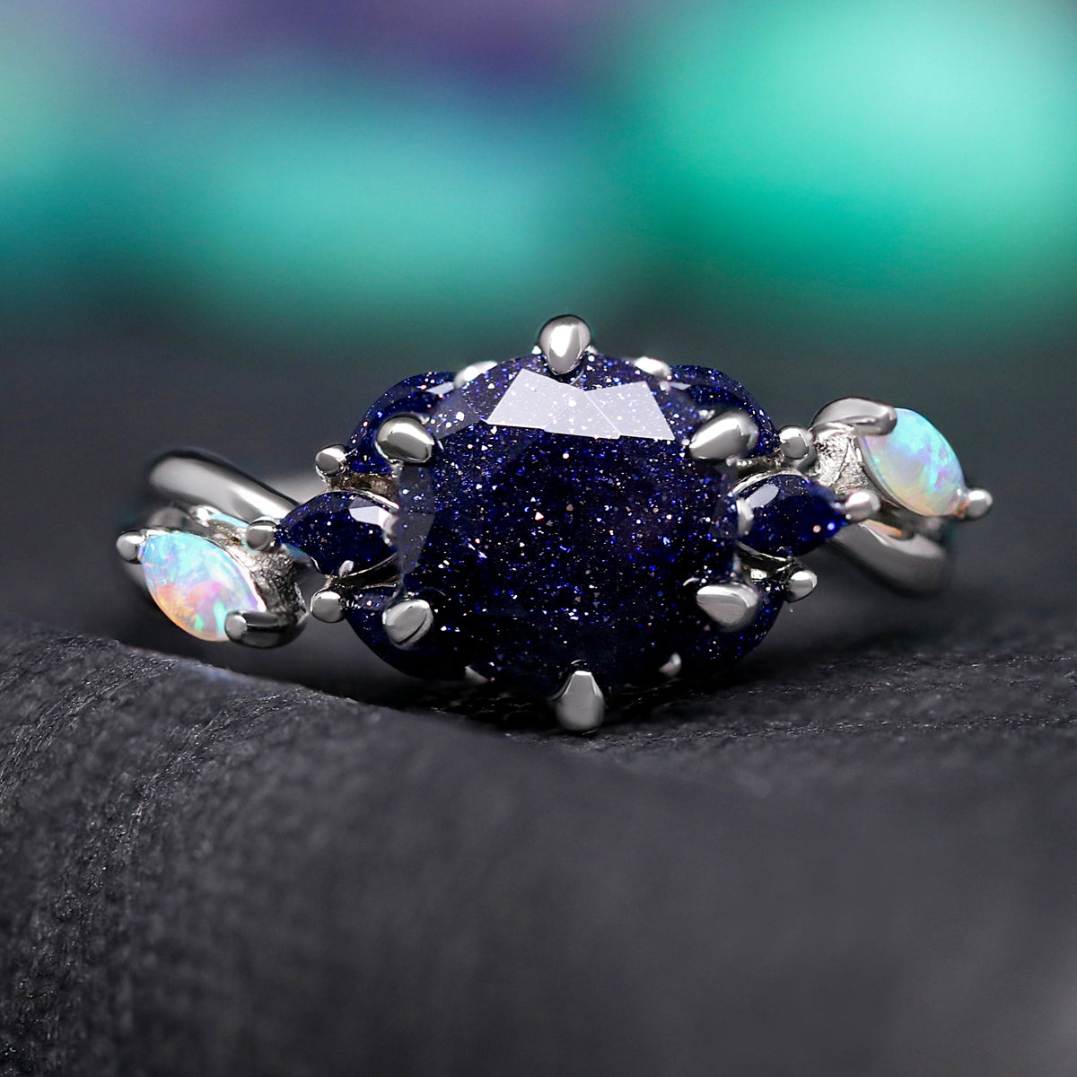 Nesta Rift Nebula Ring Sandstone, Unique Engagement Ring, 925 Sterling Silver, Blue Sandstone & White Fire Opal, Starry Night, Promise Ring
