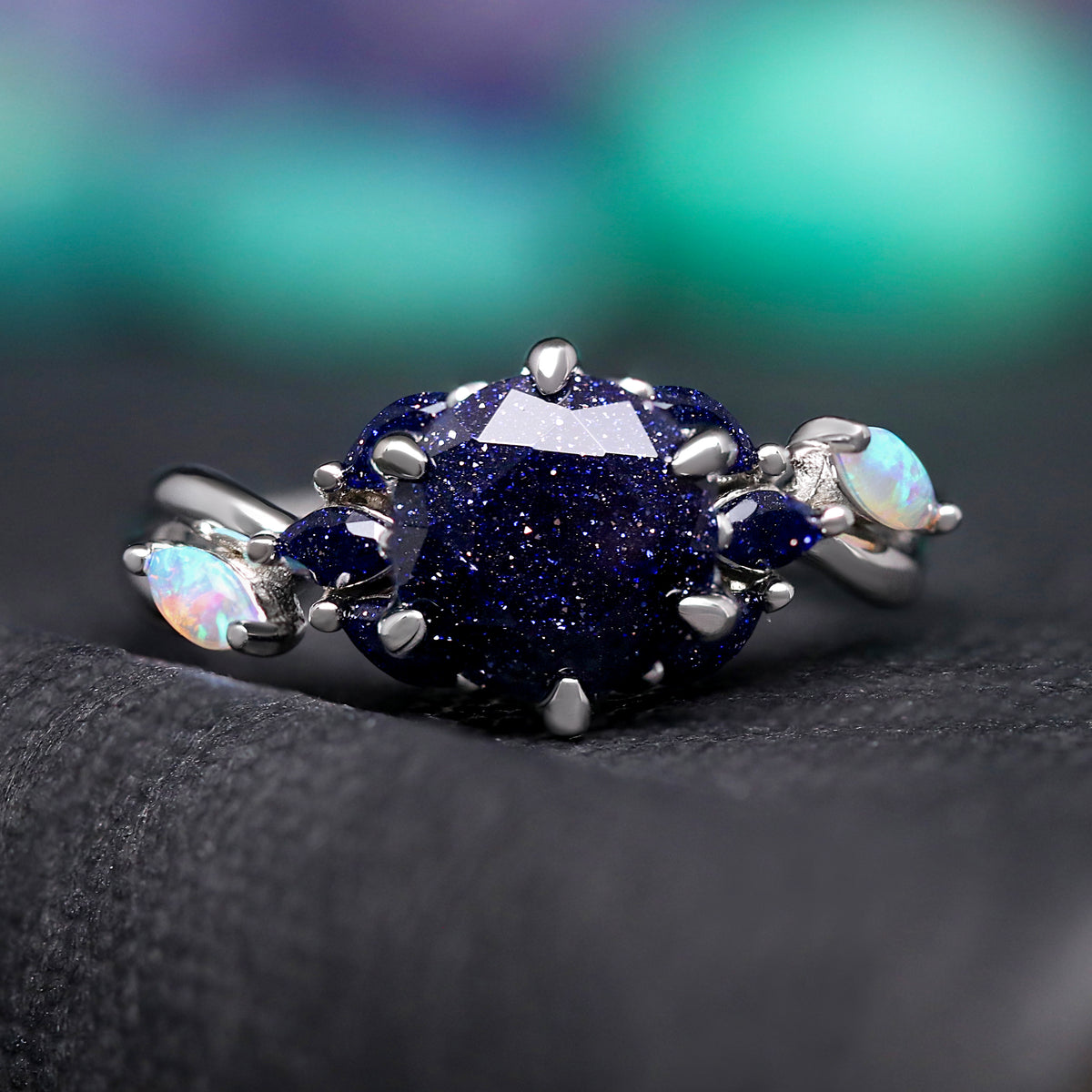 Nesta Starry Night Ring Set, His and Her Wedding Ring, Rift Nebula Ring Set, Matching Couple Ring, Sandstone, Tungsten & 925 Silver, Opal