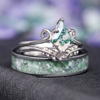 Twirl Leaf Green Moss Agate Ring Set, His and Her Wedding Ring, Matching Nature Couples Ring, Alternative Engagement Ring, Anniversary Gift