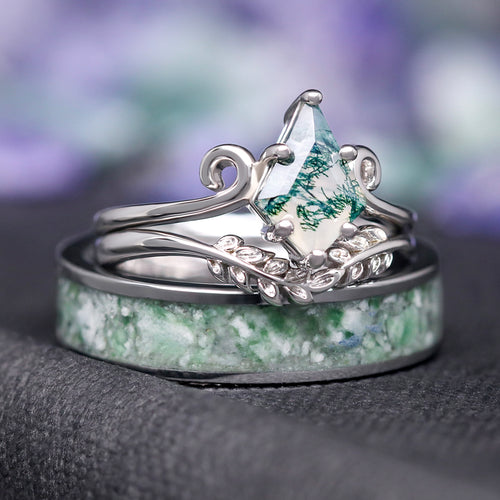 Twirl Leaf Green Moss Agate Ring Set, His and Her Wedding Ring, Matching Nature Couples Ring, Alternative Engagement Ring, Anniversary Gift