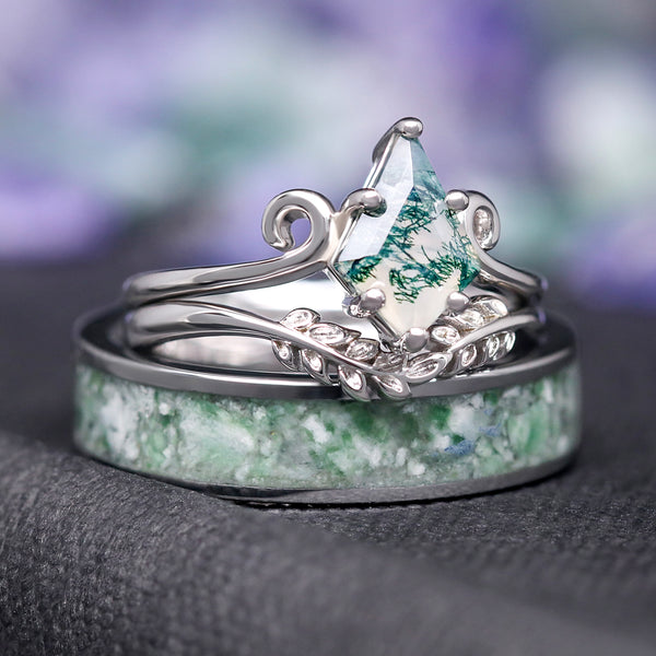 Couples Green Moss Agate Ring Set | Kite Cut Leaf Ring