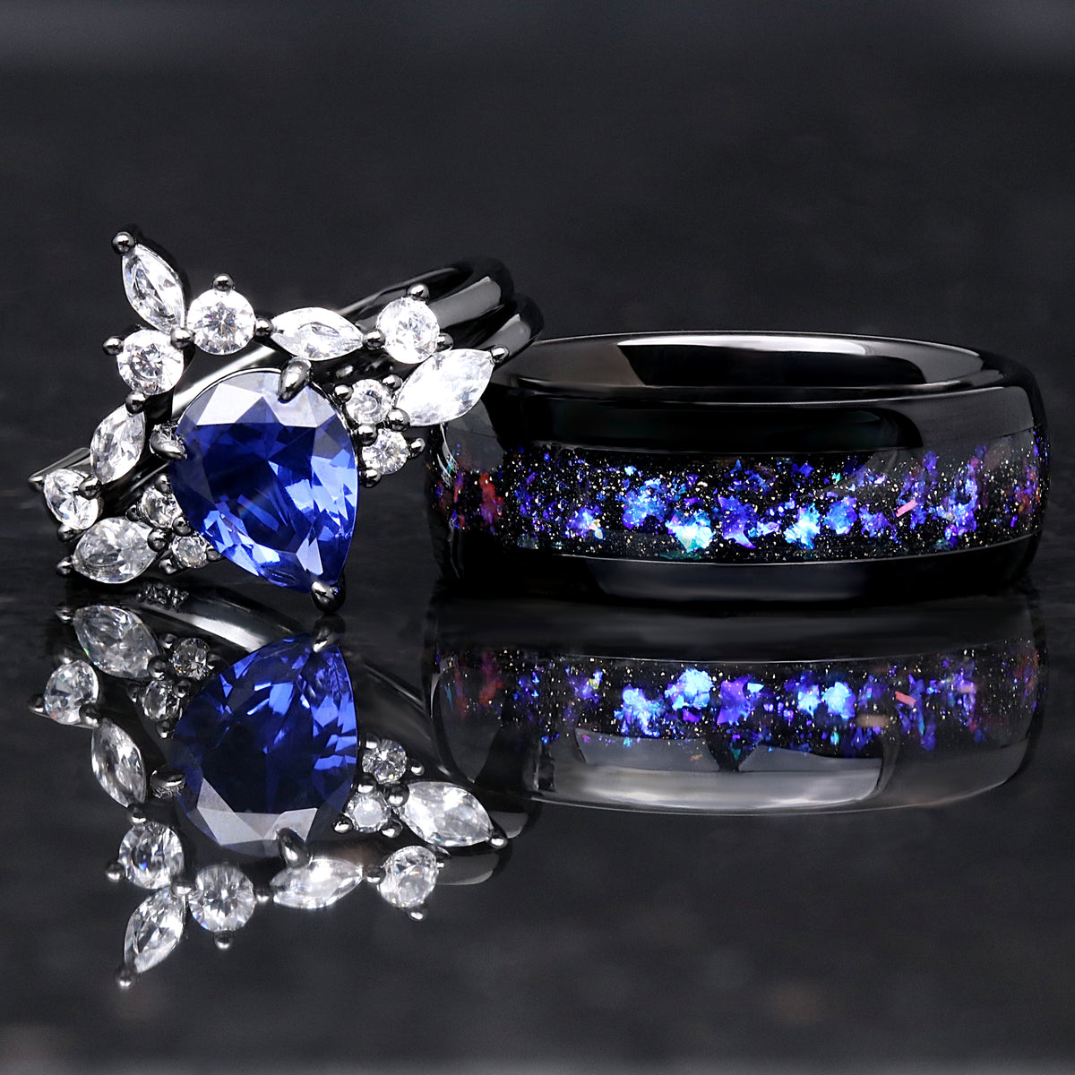 Orion Nebula Ring Set, His and Hers Wedding Band, Black Sapphire Engagement Ring, Outer Space Couples Ring, Matching Promise Rings, Engrave
