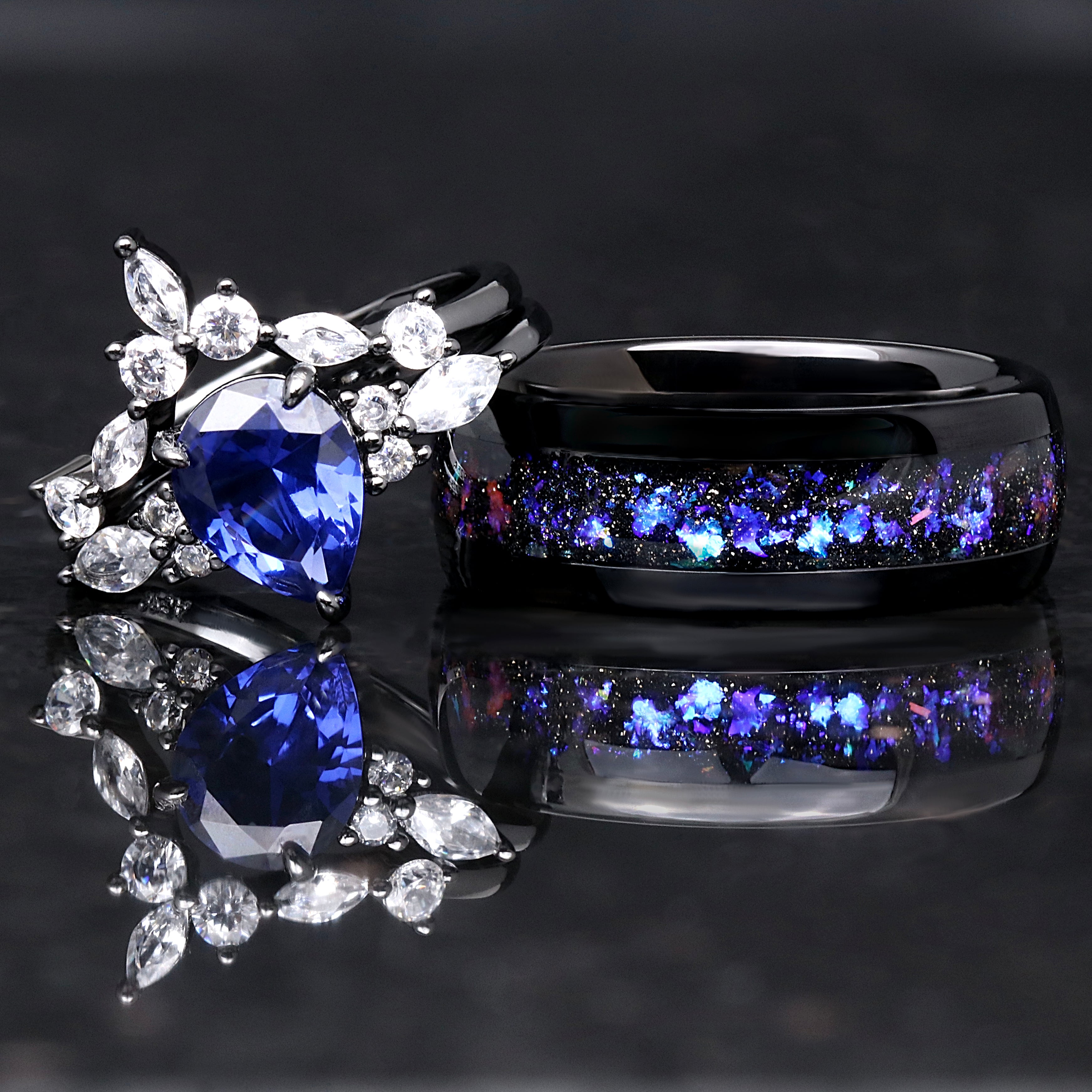 Orion Nebula Ring Set, His and Hers Wedding Band, Black Sapphire Engagement Ring, Outer Space Couples Ring, Matching Promise Rings, Engrave