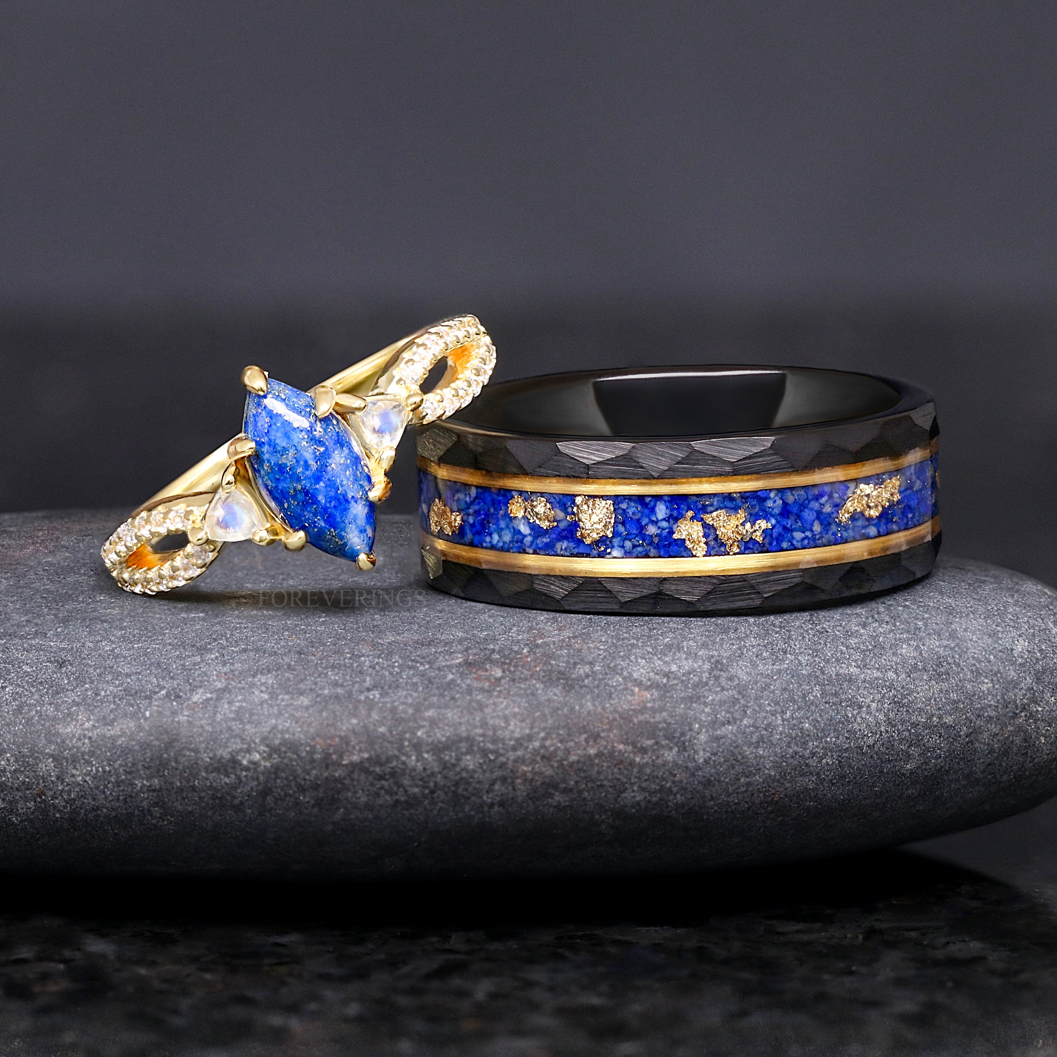 Gold Lapis Engagement Ring, Women Wedding Ring, Blue and Gold, Gold Lapis Lazuli Ring, Moonstone Ring, Promise Ring for Her, Sterling Silver