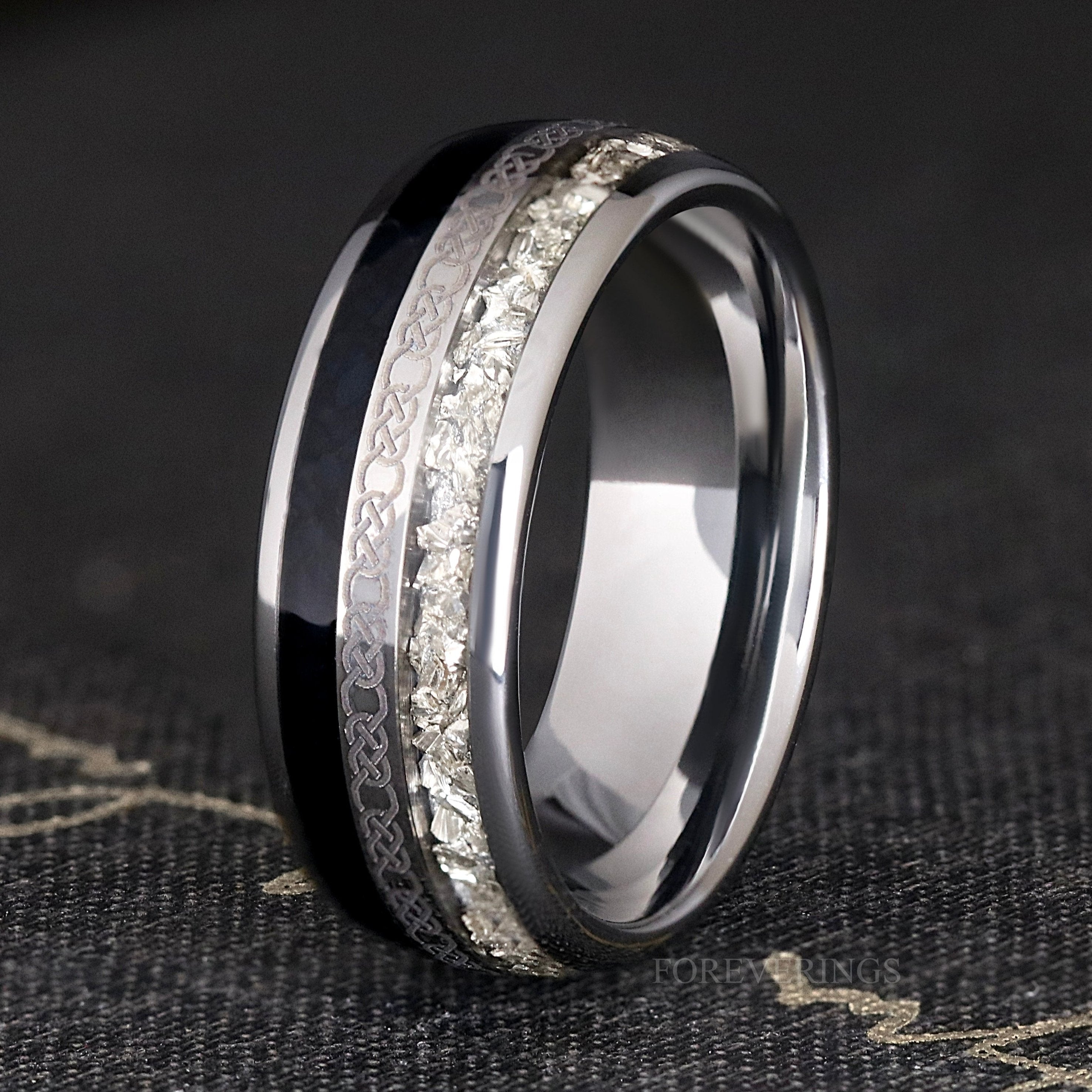 Black Diamond Ring Men, Celtic Wedding Band, Silver Tungsten, 8mm Men Wedding Band, Polished, Dome, Unique Promise Ring for Him, Engraving