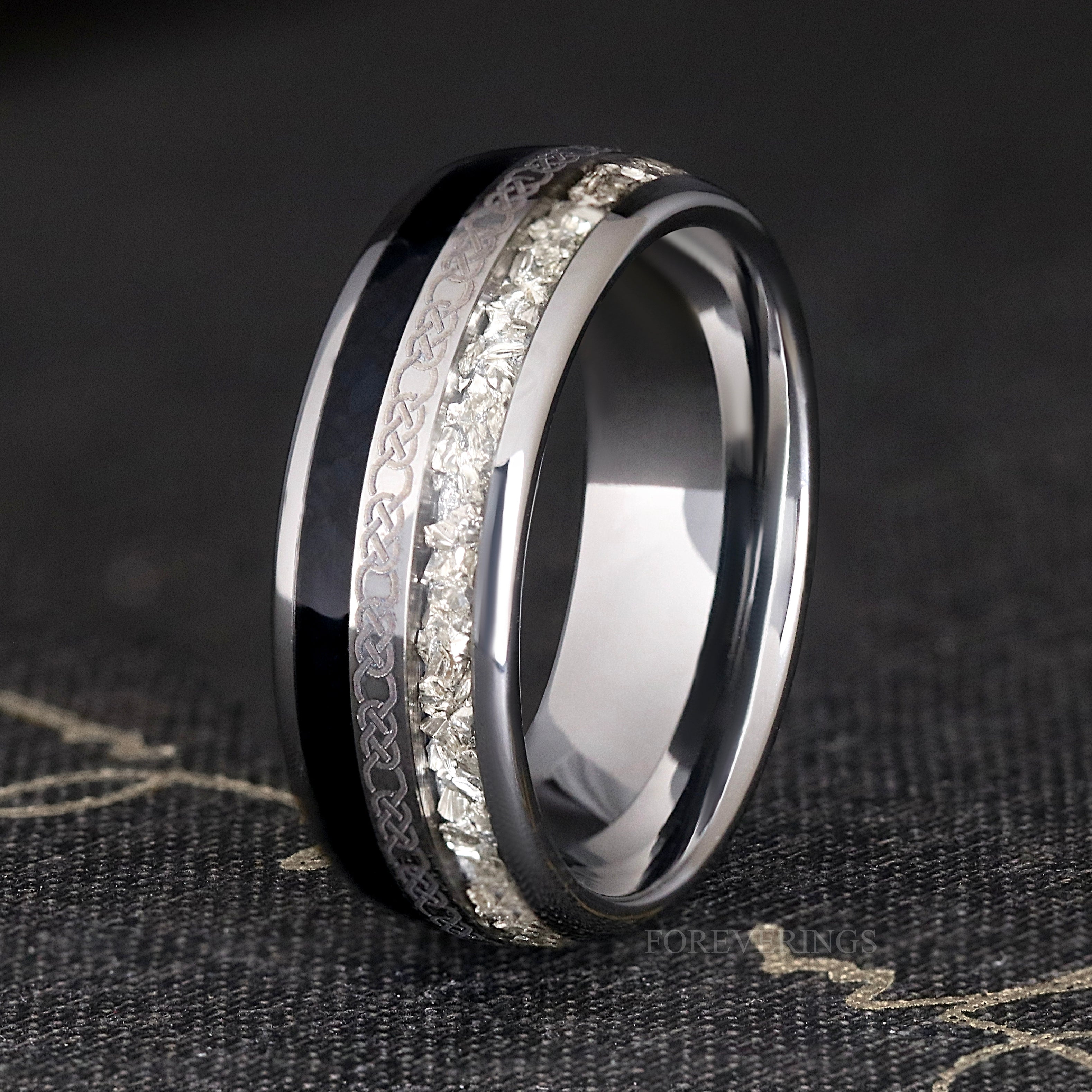 Black Diamond Ring Men, Celtic Wedding Band, Silver Tungsten, 8mm Men Wedding Band, Polished, Dome, Unique Promise Ring for Him, Engraving