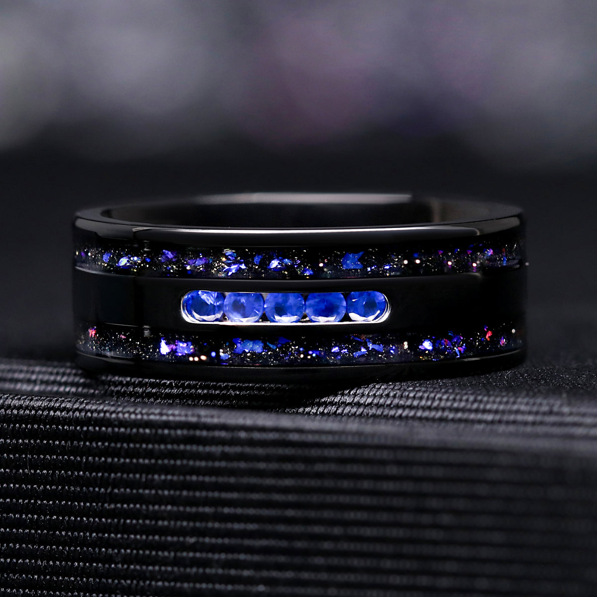 Orion Nebula men’s wedding band with sapphire
