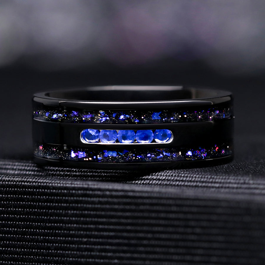 Orion Nebula men’s wedding band with sapphire