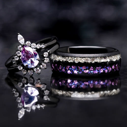 Alexandrite couples wedding ring set Crab Nebula 925 sterling silver and tungsten