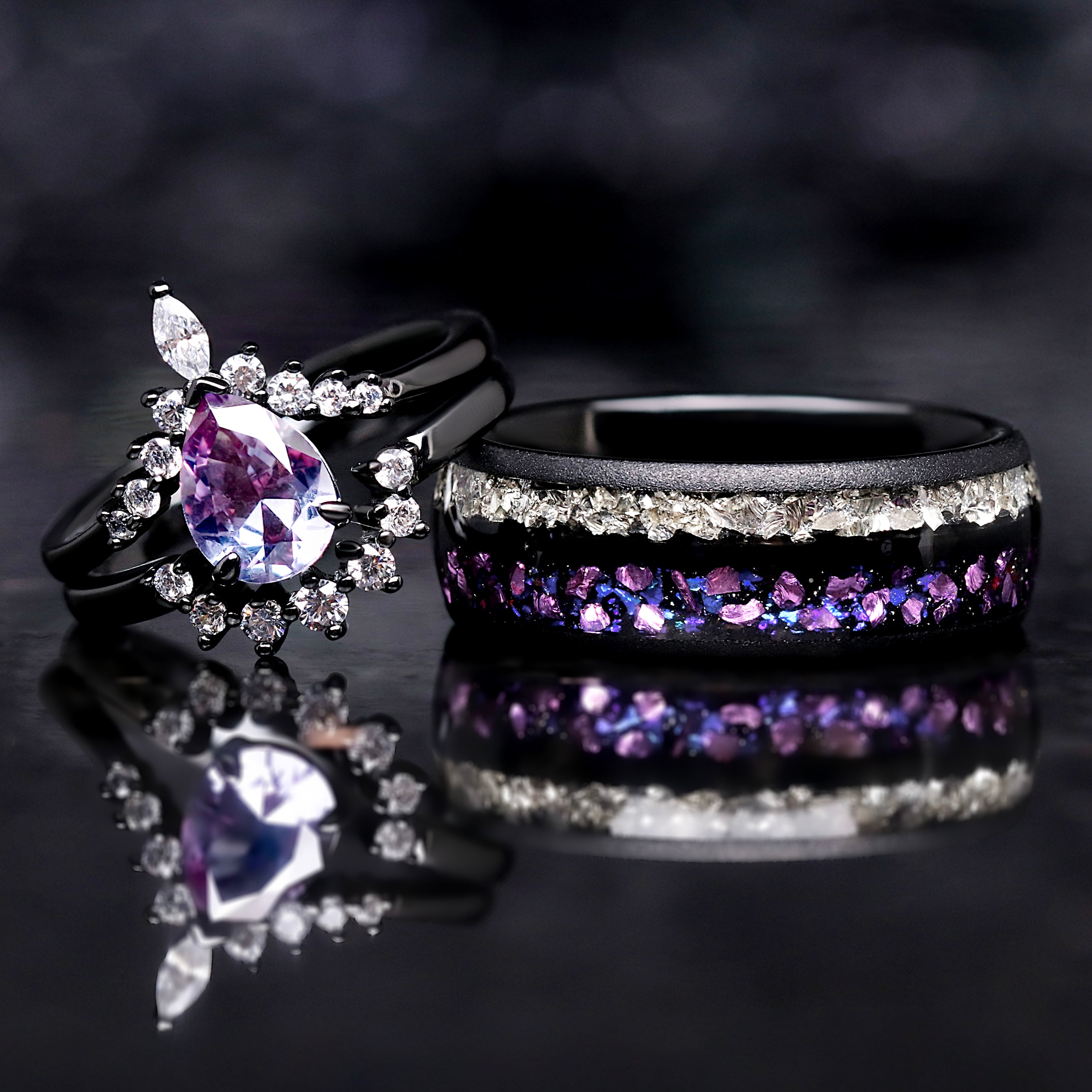 Alexandrite Couples Wedding Ring Set, His and Her Crab Nebula Bands, Matching Purple Rings, Black Ring Set, 925 Sterling Silver and Tungsten