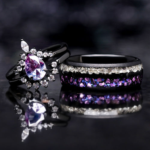 Alexandrite couples wedding ring set Crab Nebula 925 sterling silver and tungsten