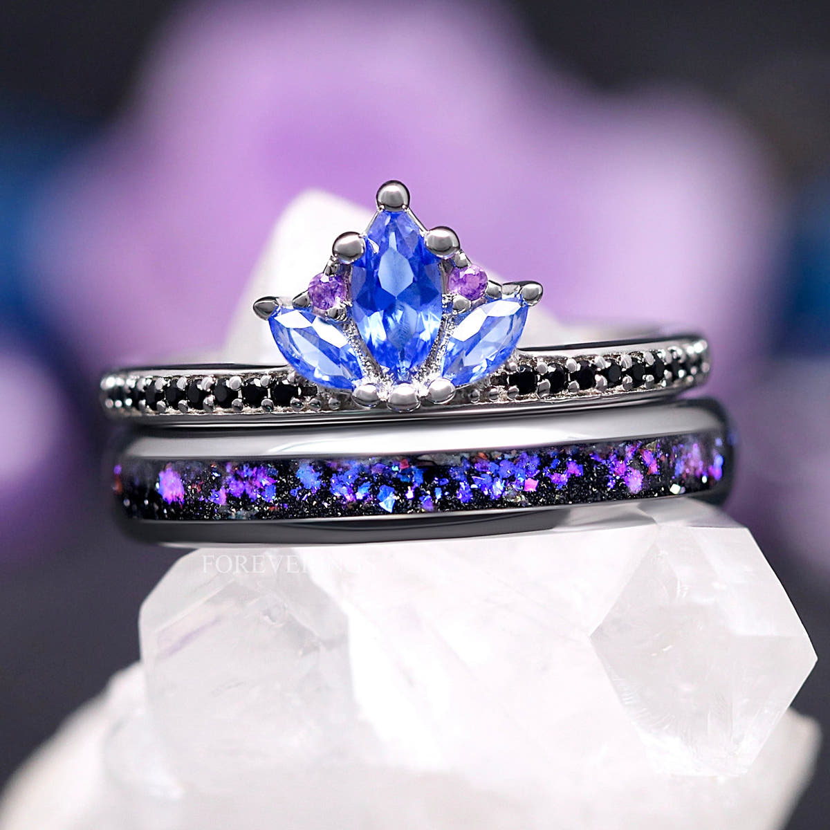 Sterling silver sapphire lotus engagement ring stacked with a nebula sandstone inlay band
