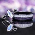 Matching black couples ring set: marquise moonstone ring and 8mm tungsten band with glow-in-the-dark inlay