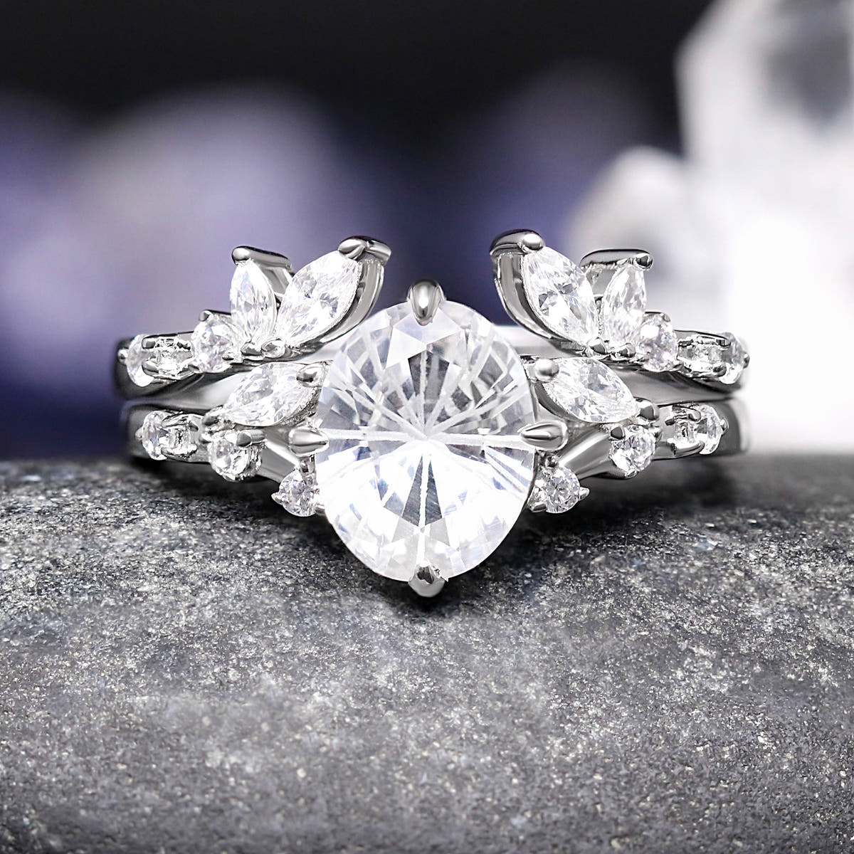 Natural white sapphire engagement and stacking ring set