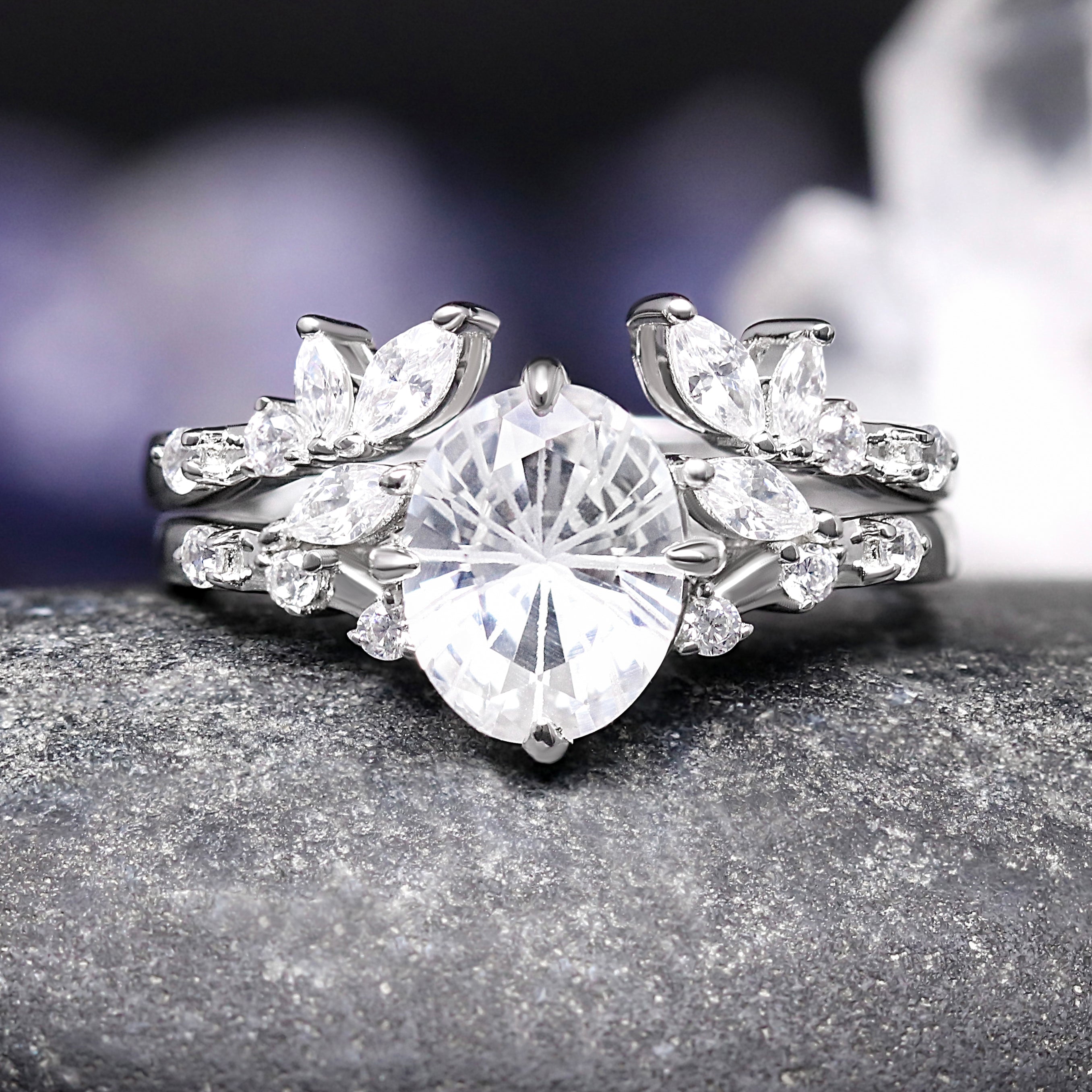 Everleaf Couples Ring Set - White Sapphire Engagement Ring Set - His and Her Matching Wedding Bands