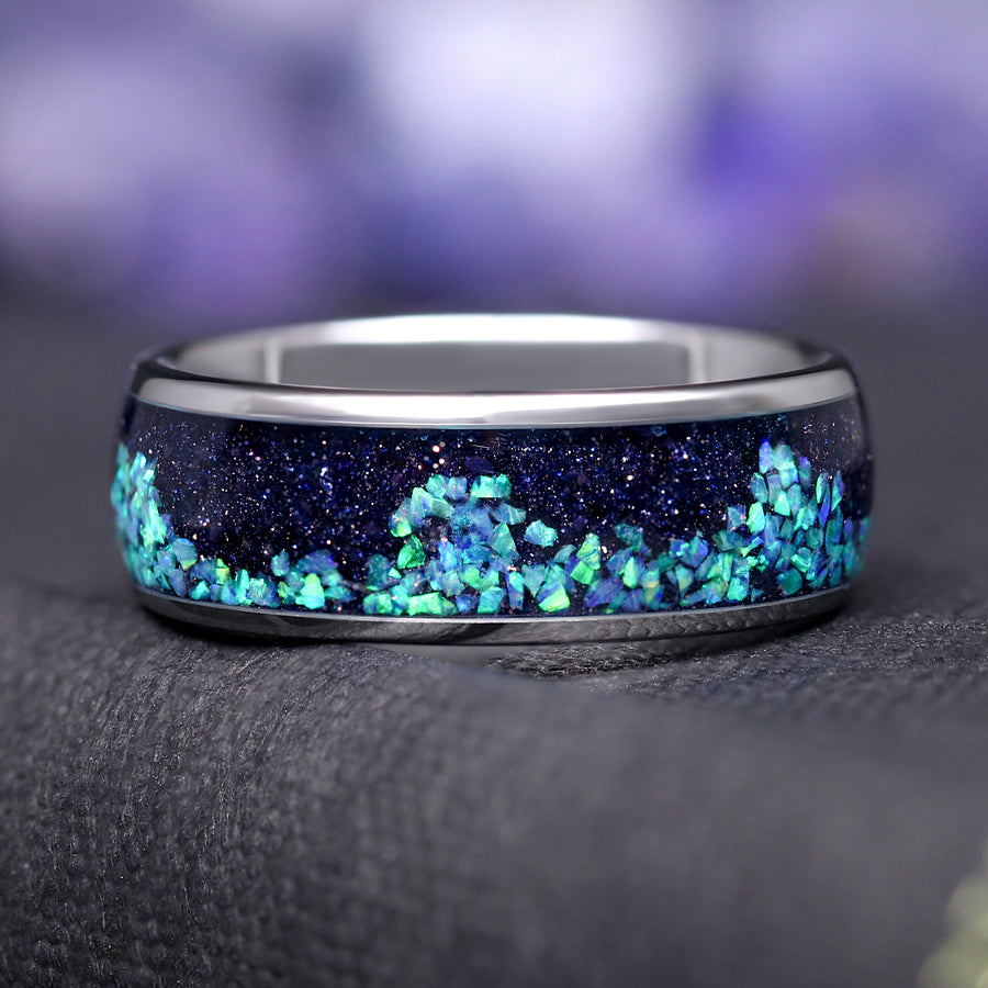 Wave Blue Opal Inlay Ring | Tungsten Mens Wedding Band 8mm