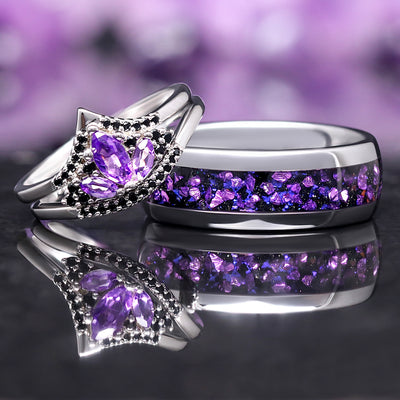Natural Amethyst Engagement Ring Set, His and Her Unique Fantasy Wedding Ring | Matching Purple Ring for Couple, Silver Amethyst Ring Set