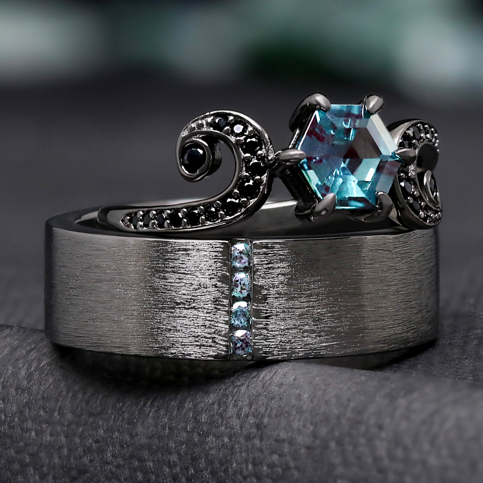 Whimstone | Alexandrite Engagement Ring Set for Couples | Black Ring