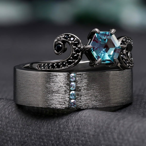 Alexandrite Engagement Ring Set for Couples | Black Ring