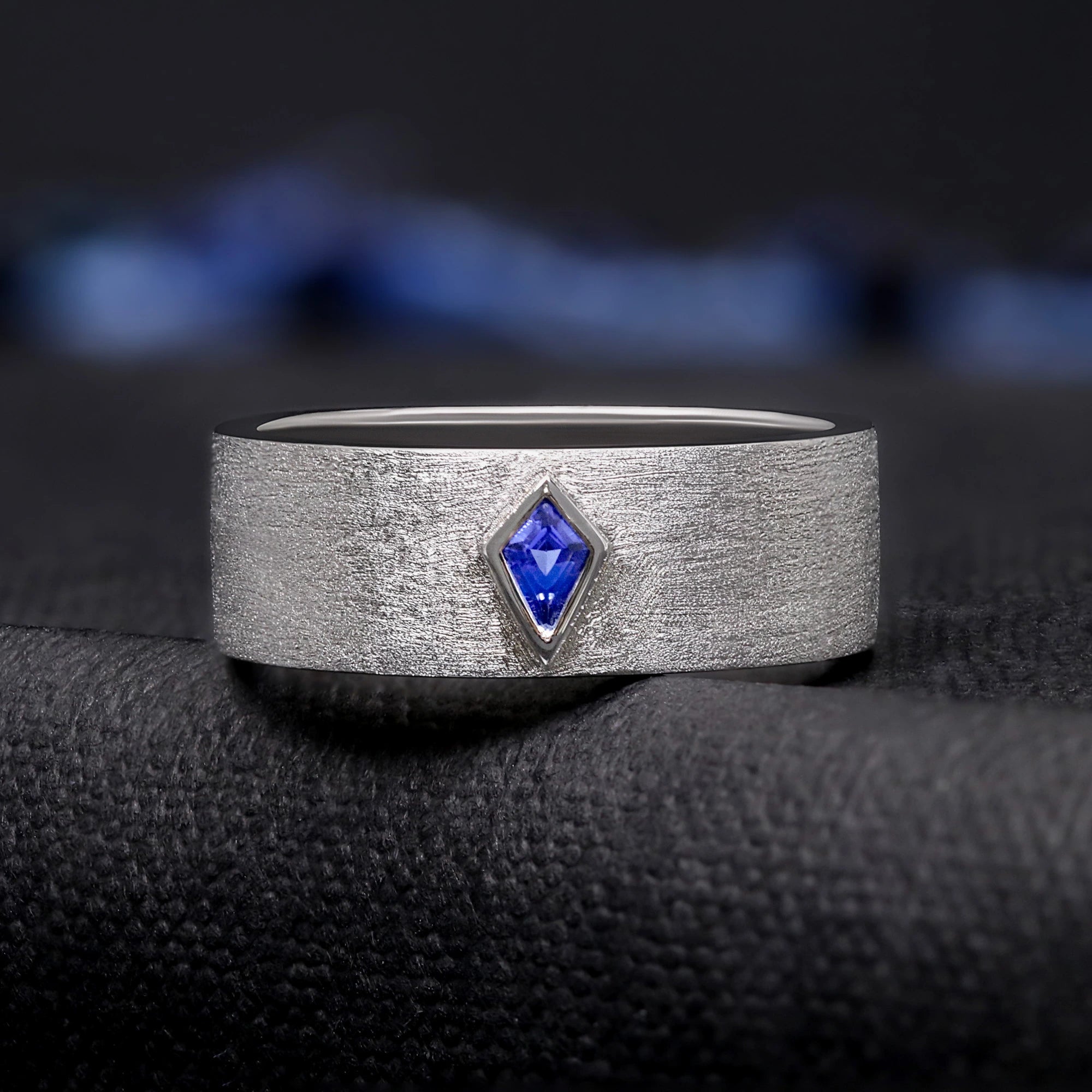 Men's Blue Sapphire Wedding Band – Kite Cut Sterling Silver Ring