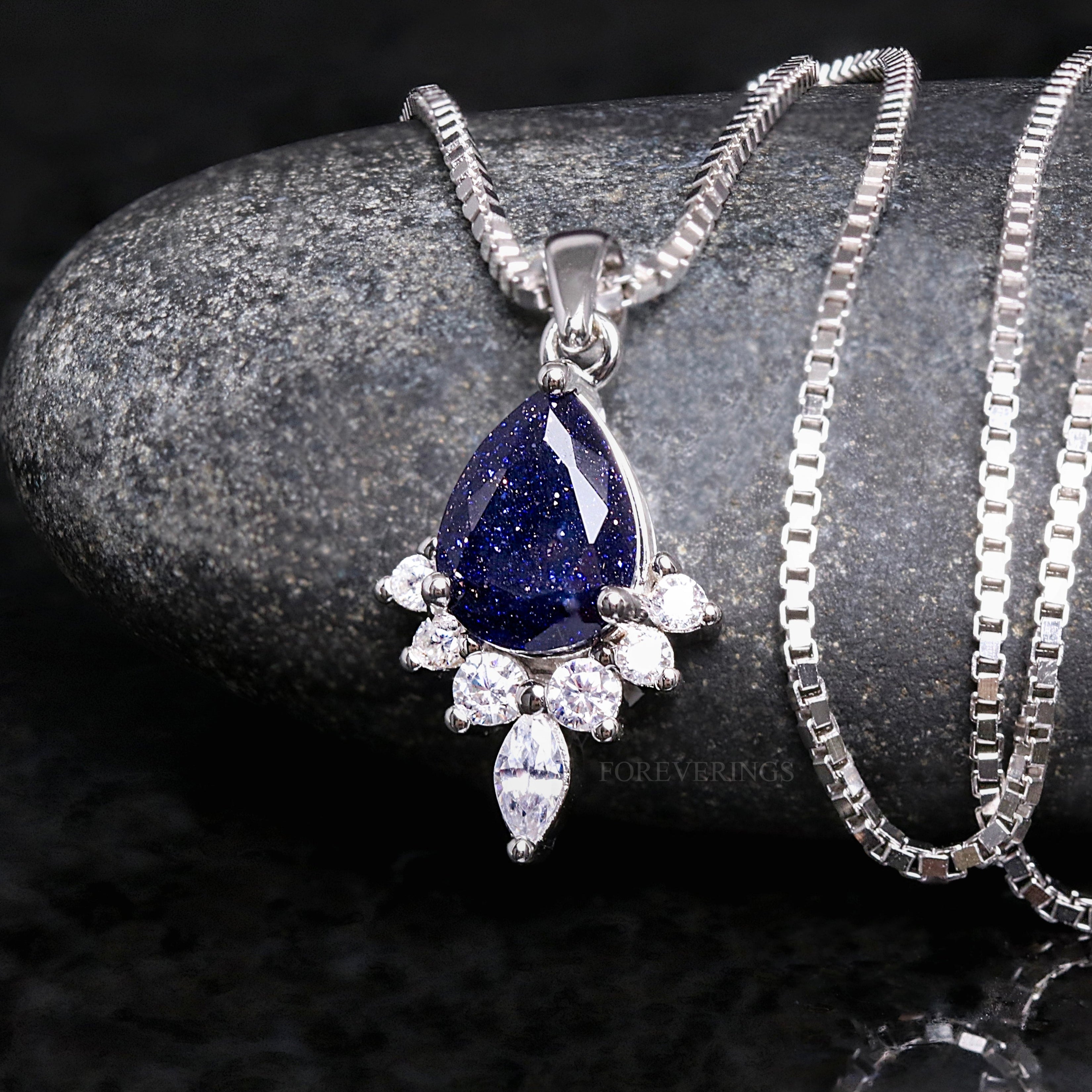 Starry Night Silver Pendant Necklace, Outer Space Necklace, Pear Cut Sandstone, 925 Sterling Silver, Box Chain, Unique Gift for Her
