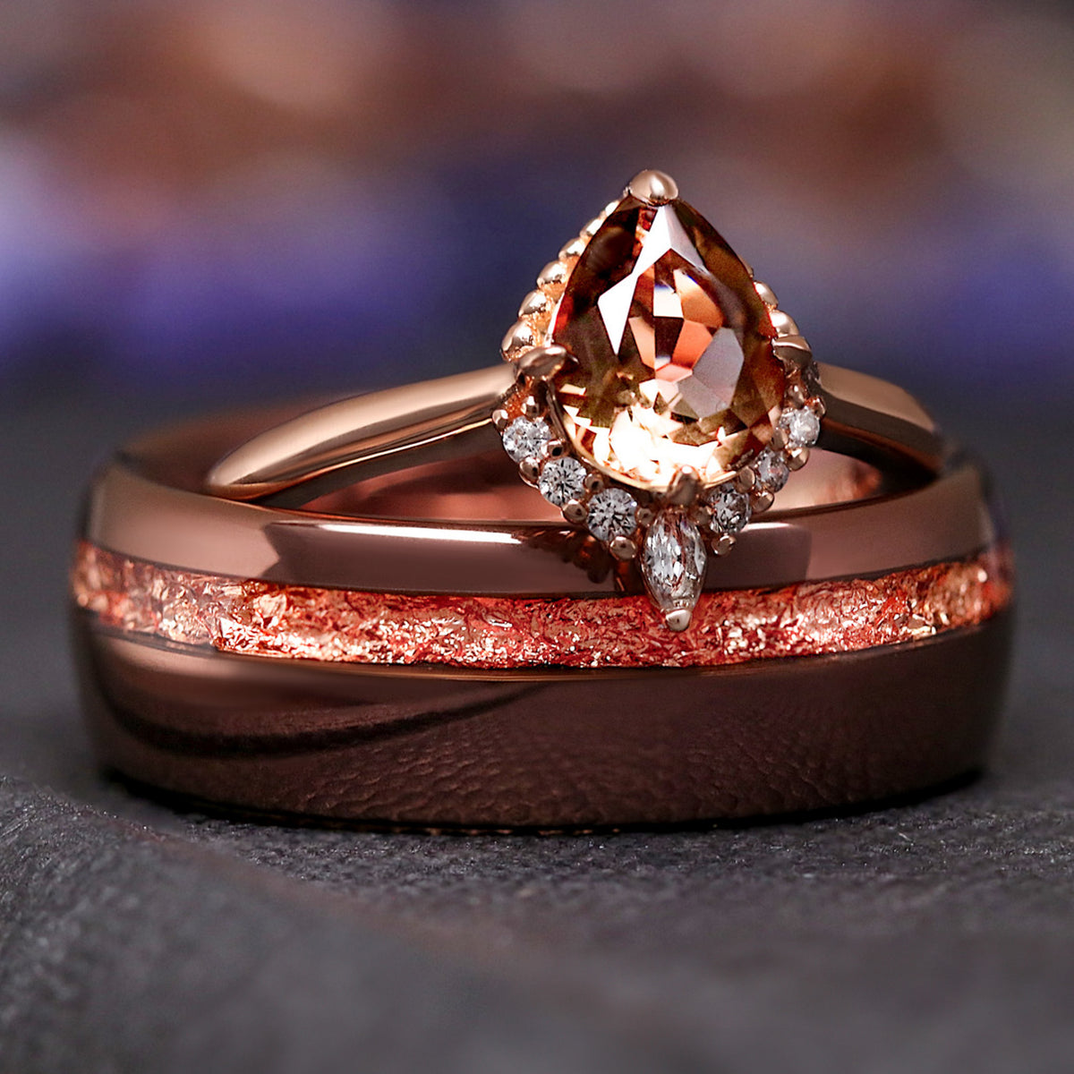 Smoky Quartz Rose Gold Ring, Pear Cut Wedding Ring for Her, Unique Nontraditional Promise Ring, Vintage Beaded Halo Ring for Women