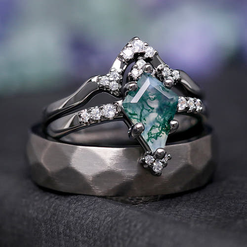 Weaver moss agate couples ring set his and her wedding bands