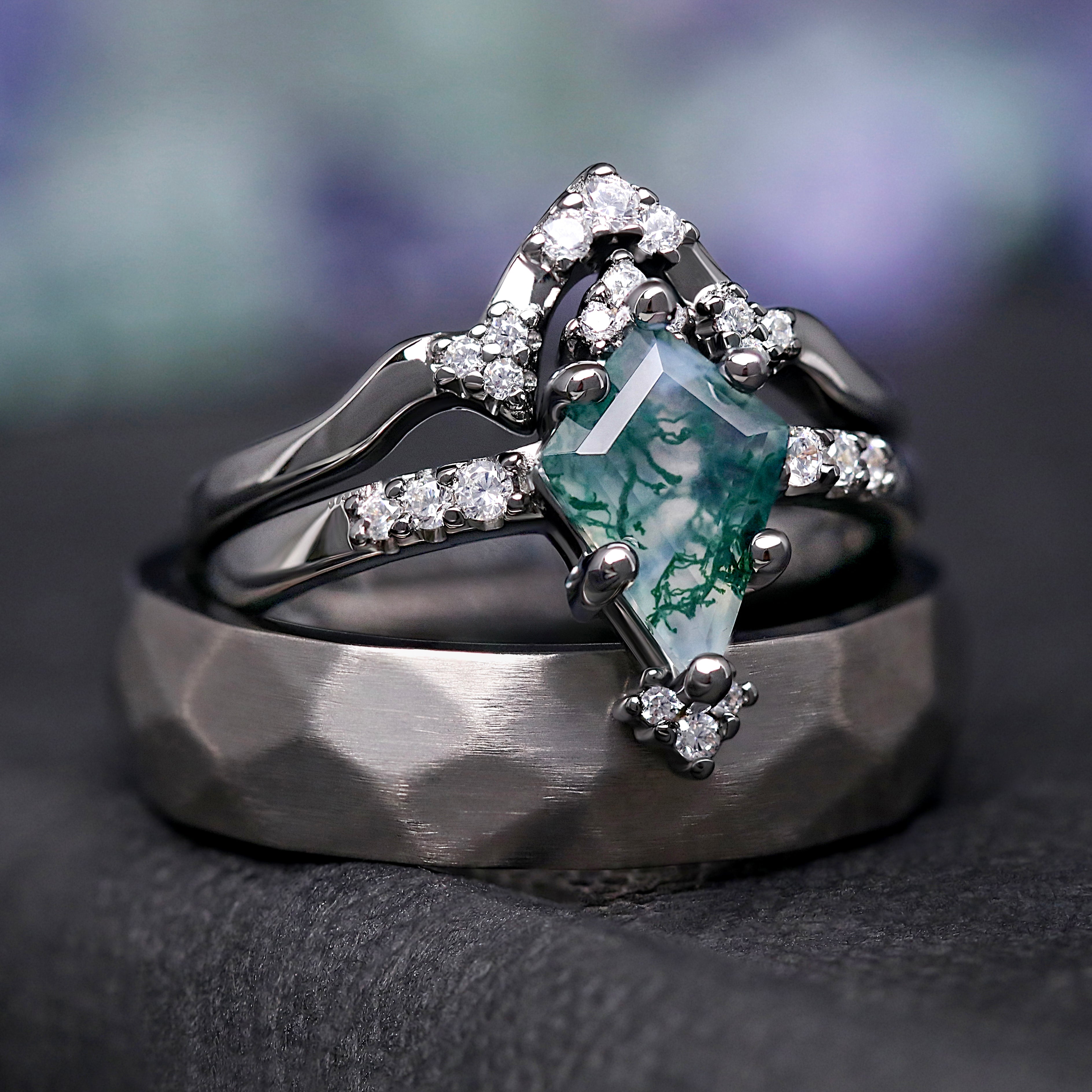 Weaver Moss Agate Couples Ring Set - His & Her Wedding Bands, Matching Nature Ring, Titanium Moss Agate Ring Men, Women Sterling Silver Ring