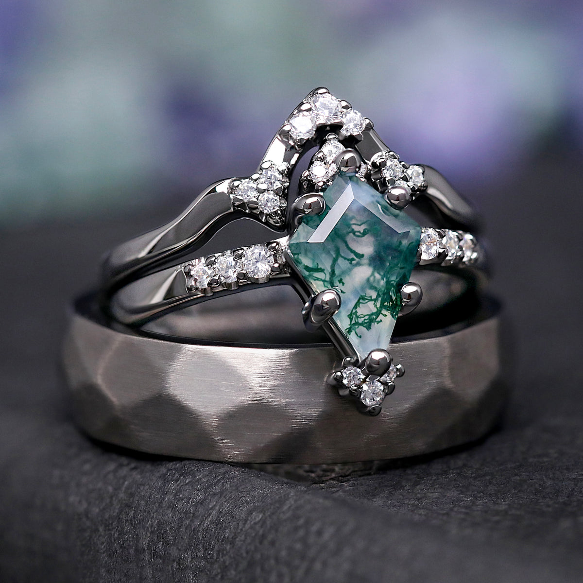 Nature-inspired matching moss agate engagement and wedding rings