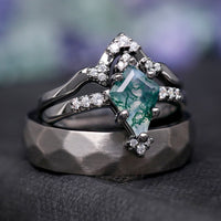 Nature-inspired matching moss agate engagement and wedding rings