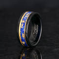 8mm black tungsten band with lapis lazuli, gold leaf and gold stripes, angled to show the inside