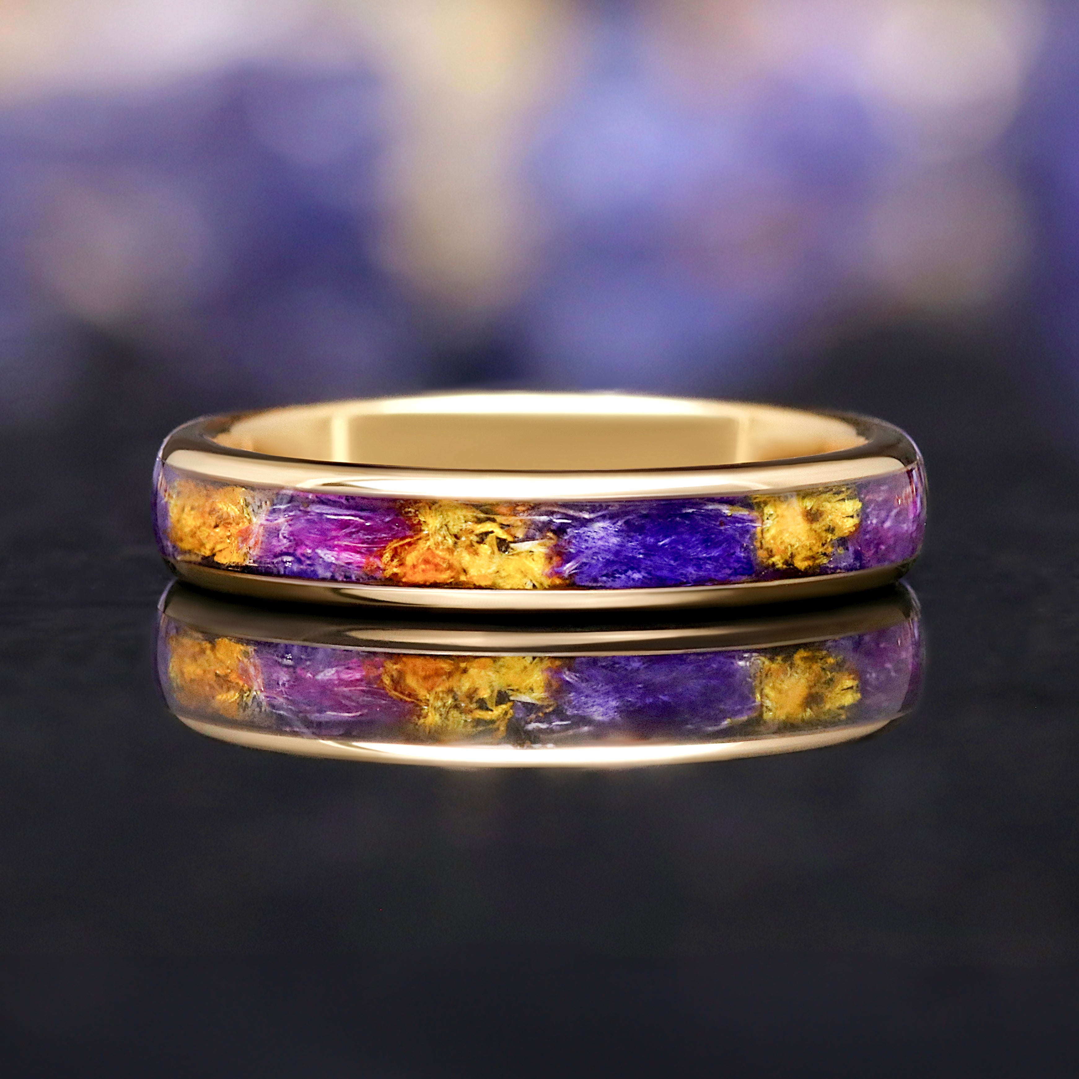Forget-Me-Not Flower Ring, Gold Tungsten Wedding Band, 4mm 6mm Yellow Gold Comfort Fit, Polished Dome, Unique Men’s Women’s Ring
