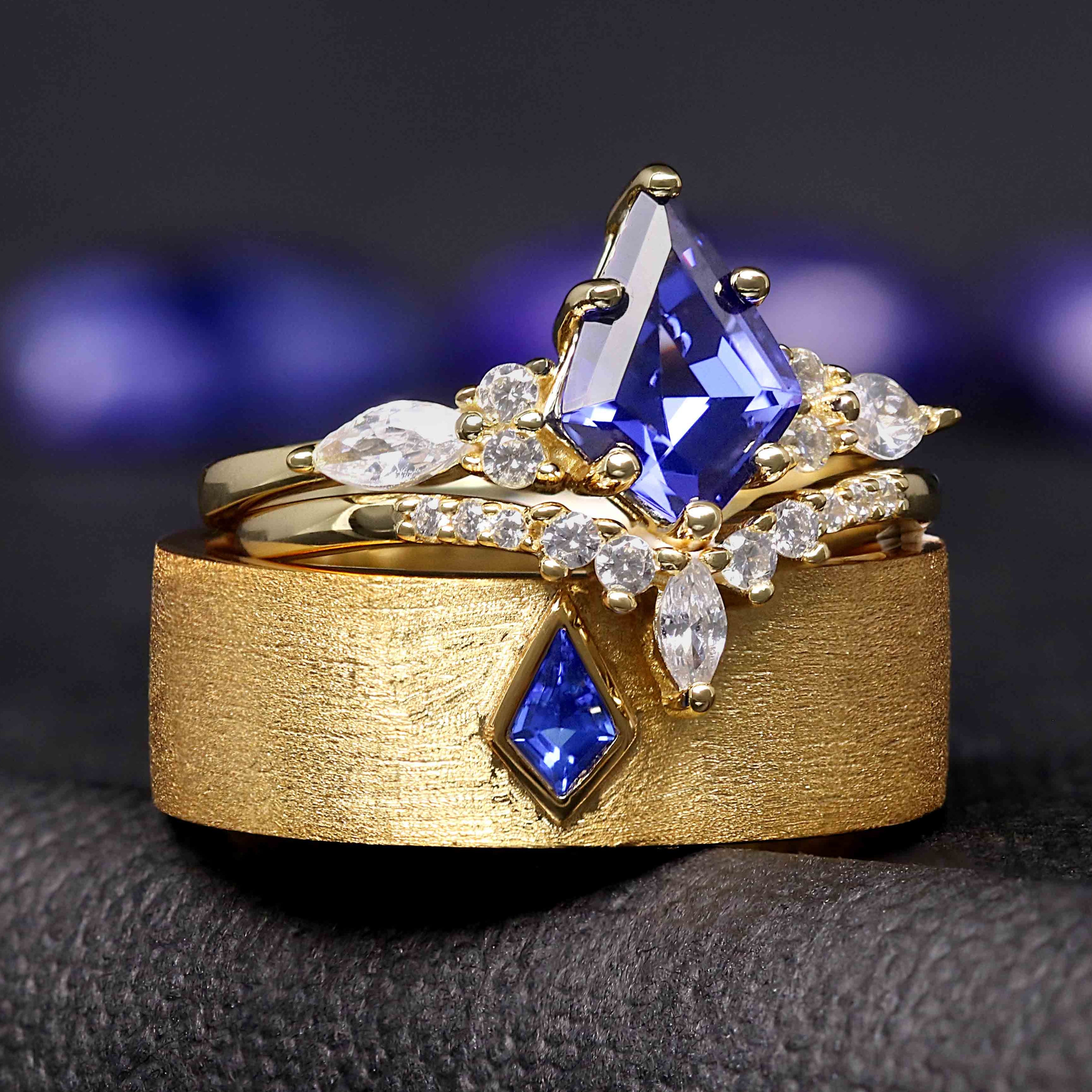 Kite Cut Sapphire His and Hers Wedding Ring Set - Gold Couples Rings