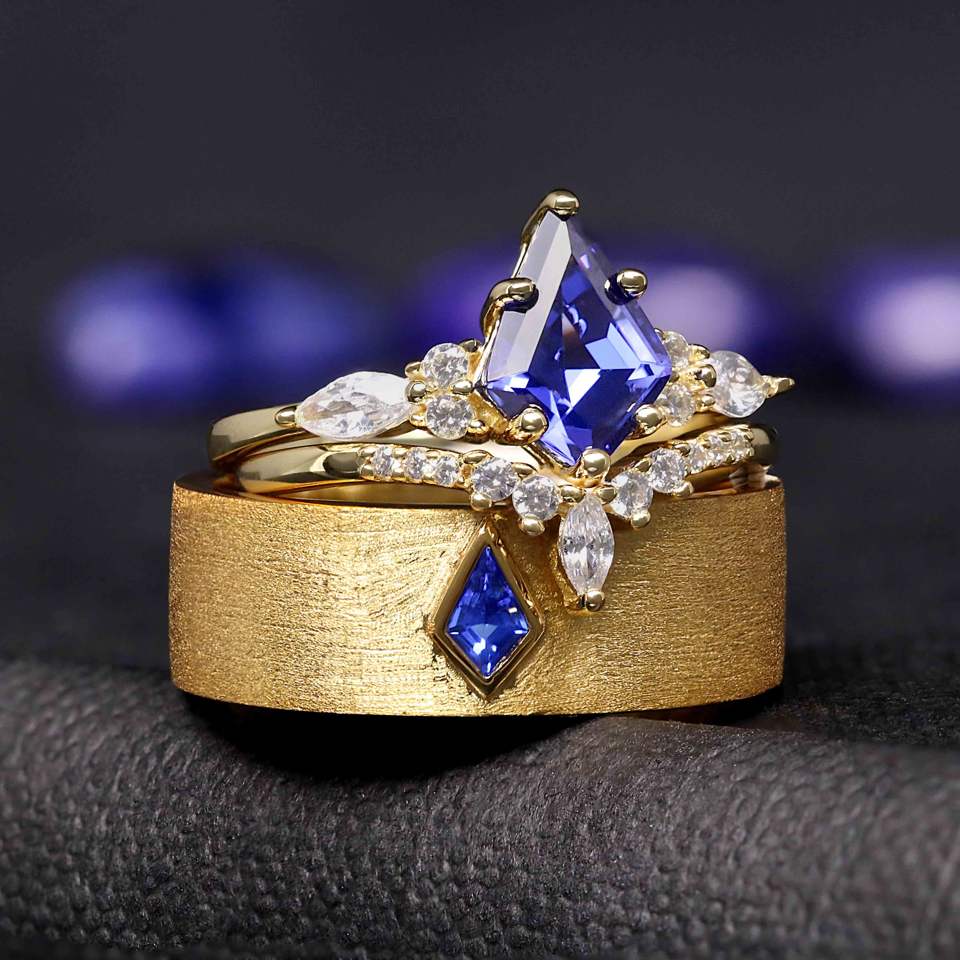 Kite Cut Sapphire Mens Ring, Gold Wedding Band for Him