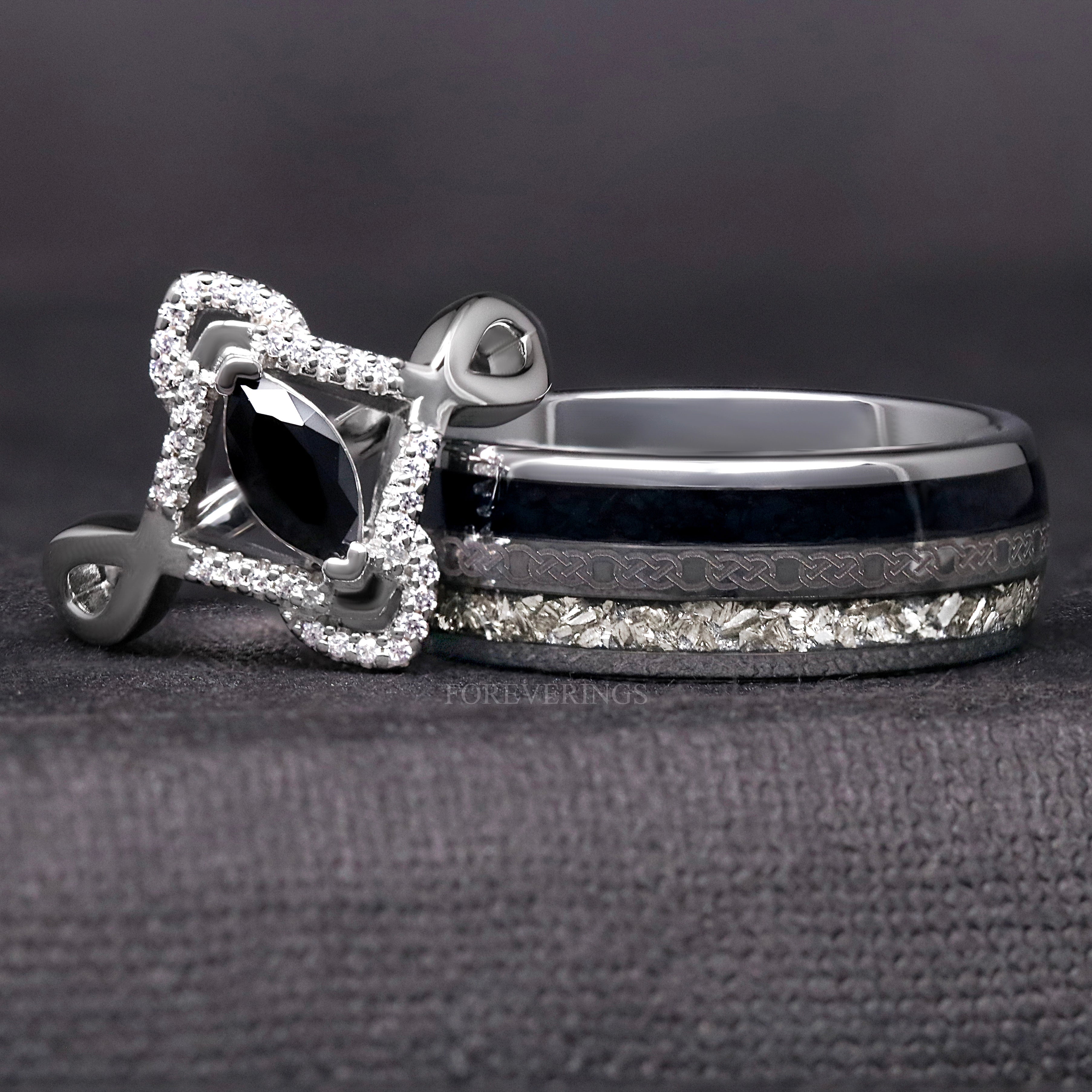 Orla Black Diamond Ring Set, His and Hers Celtic Wedding Ring, Silver Tungsten, 925 Silver, Unique Engagement Ring Set, Couples Promise Ring