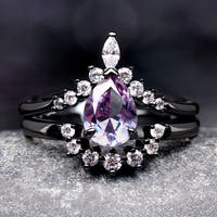 Alexandrite Engagement Ring Set, Crab Nebula Ring, Pear Cut Stone, Black Plated 925 Sterling Silver Ring Set, Outer Space Wedding Ring