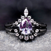 Alexandrite Engagement Ring Set, Crab Nebula Ring, Pear Cut Stone, Black Gold Filled 925 Sterling Silver Ring Set, Outer Space Wedding Ring