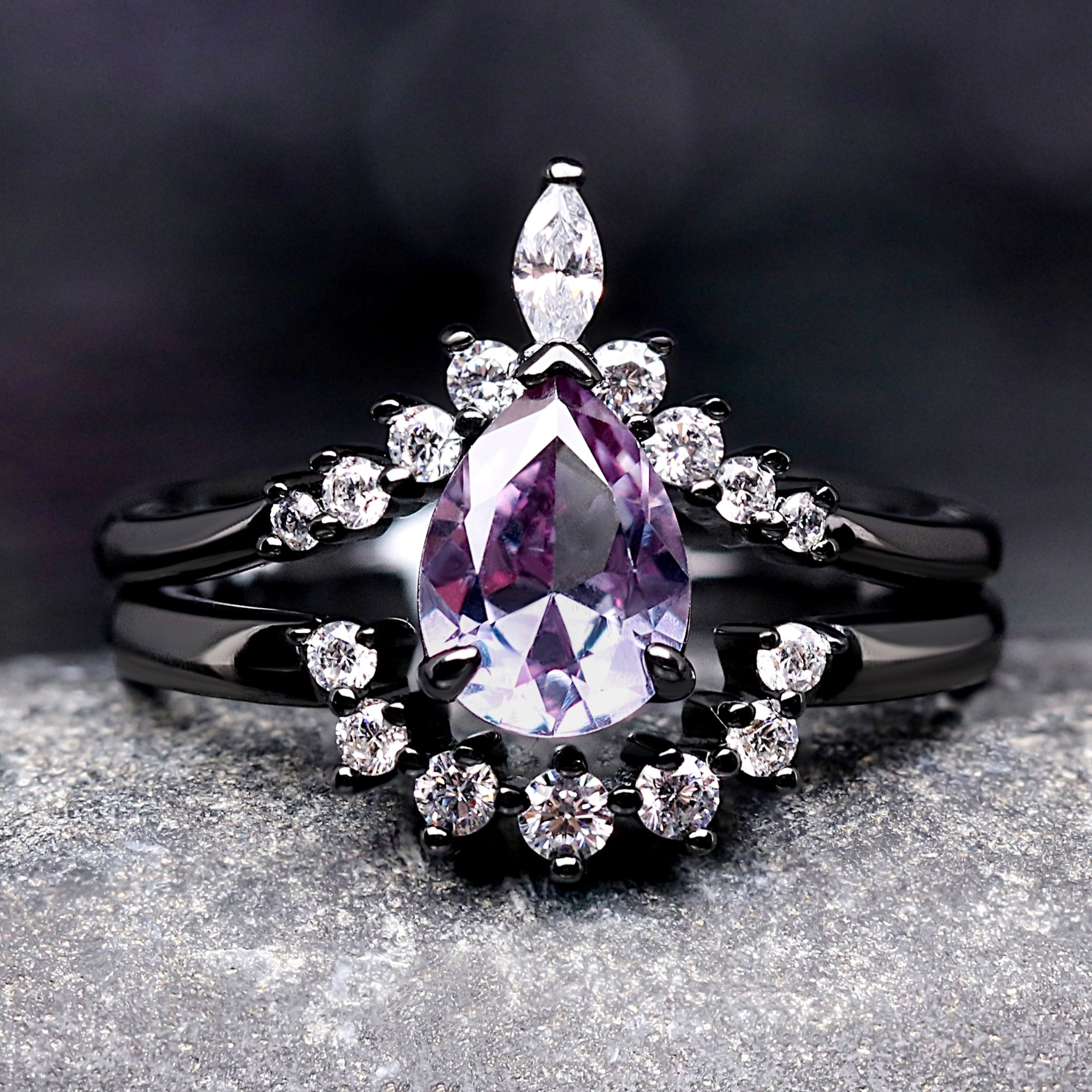Alexandrite Engagement Ring Set, Crab Nebula Ring, Pear Cut Stone, Black Gold Filled 925 Sterling Silver Ring Set, Outer Space Wedding Ring