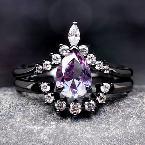 Alexandrite Engagement Ring Set, Crab Nebula Ring, Pear Cut Stone, Black Gold Filled 925 Sterling Silver Ring Set, Outer Space Wedding Ring